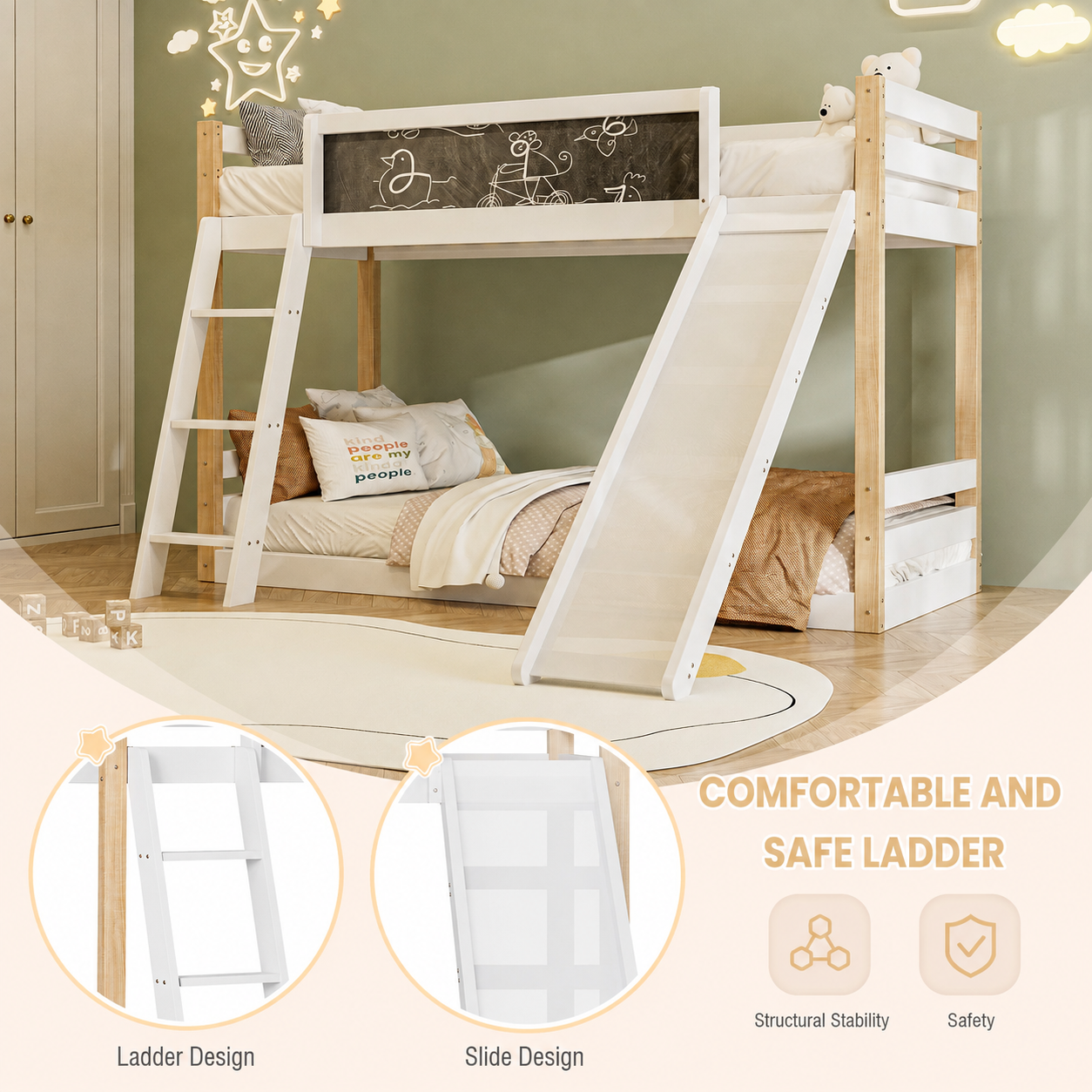 Bunk Bed For Kids 90 X 190 Cm With Slide & Storage Stairs, Wooden High Sleeper — image 4