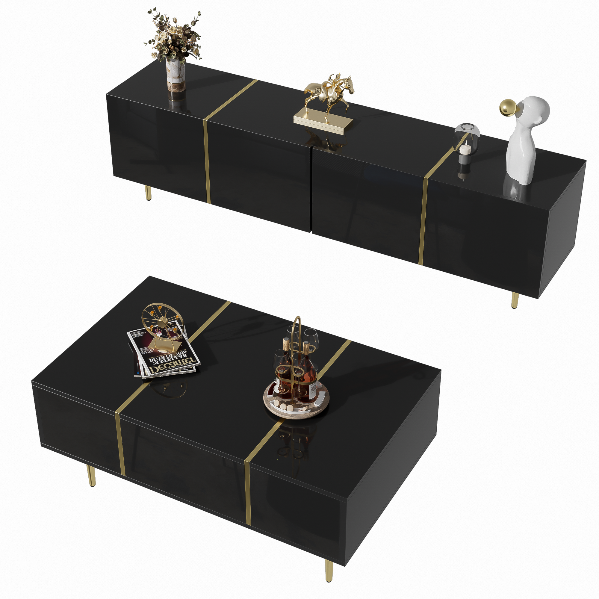 Modern High-gloss Black TV Cabinet And Coffee Table Set — image 5