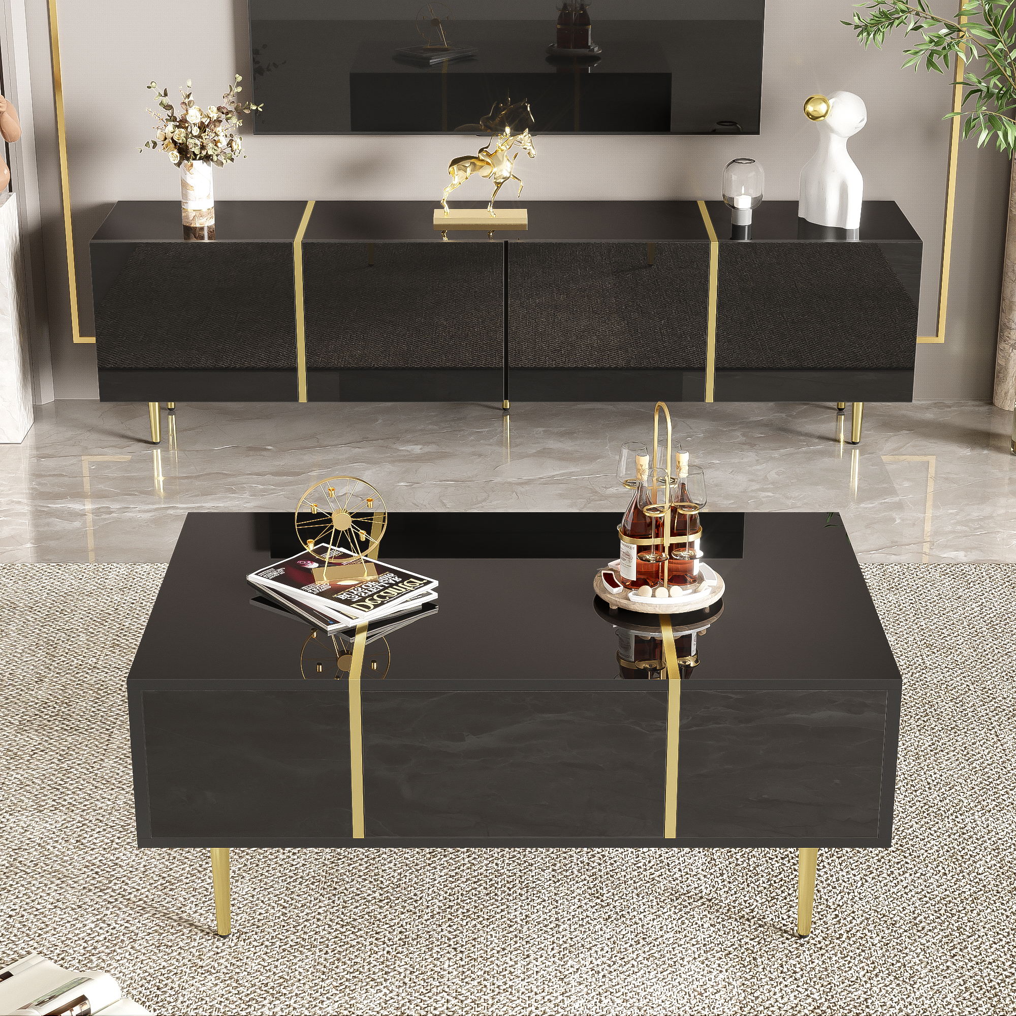 Modern High-gloss Black TV Cabinet And Coffee Table Set — image 2