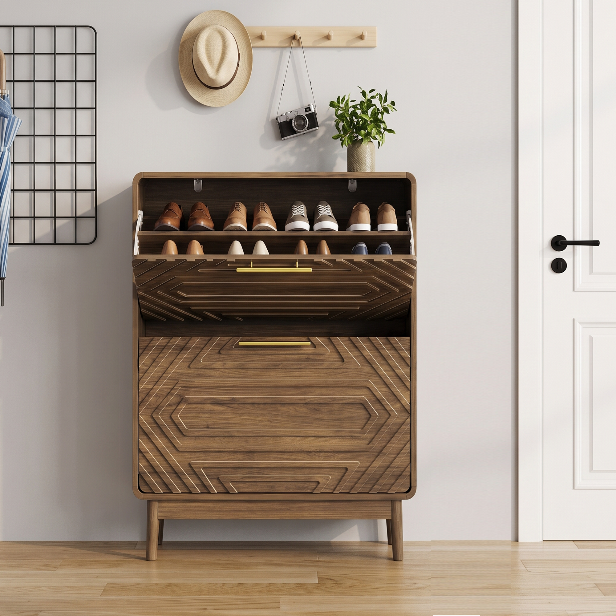 60cm Walnut Shoe Cabinet, Mid-Century Modern Freestanding Organizer With 2 — image 5