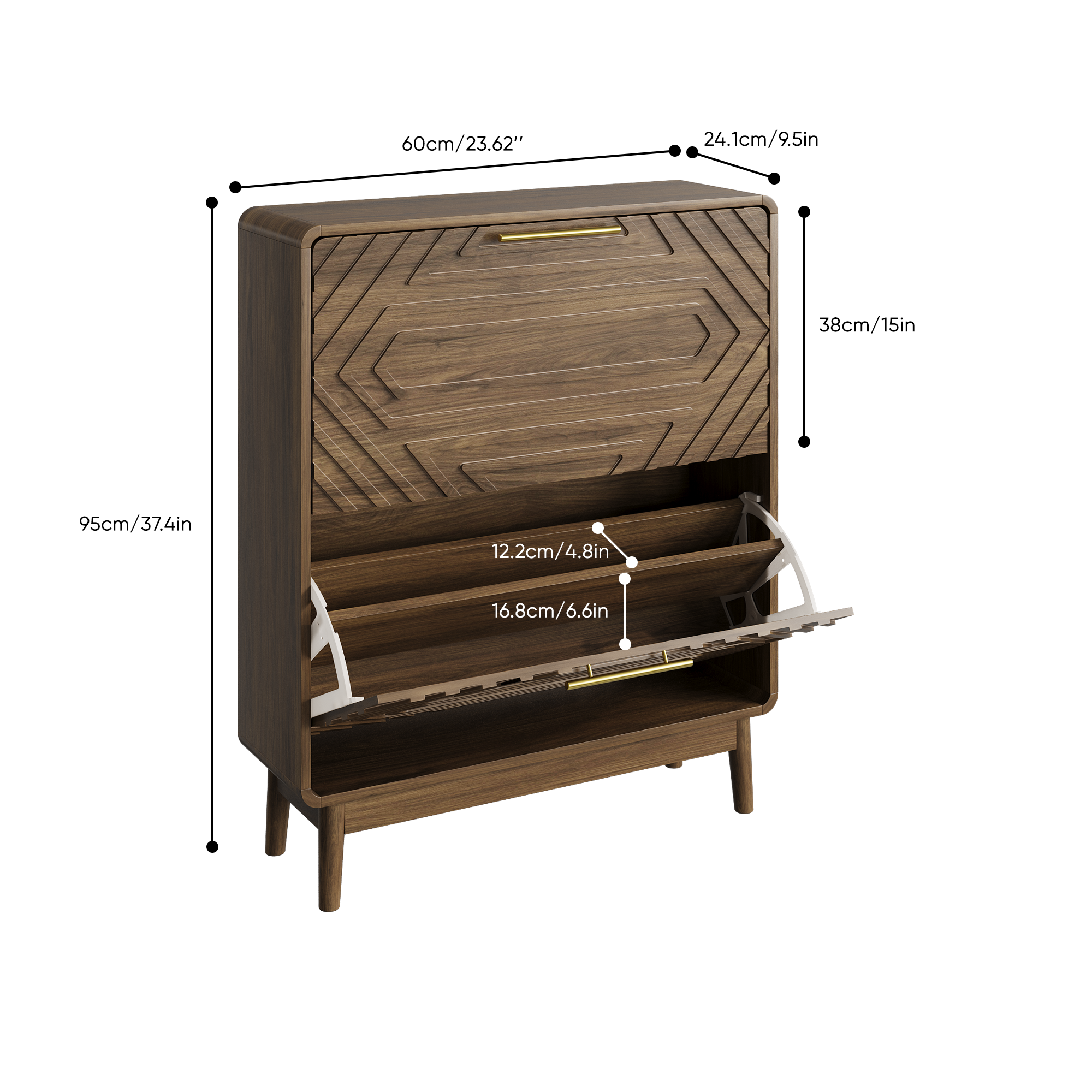 60cm Walnut Shoe Cabinet, Mid-Century Modern Freestanding Organizer With 2 — image 2