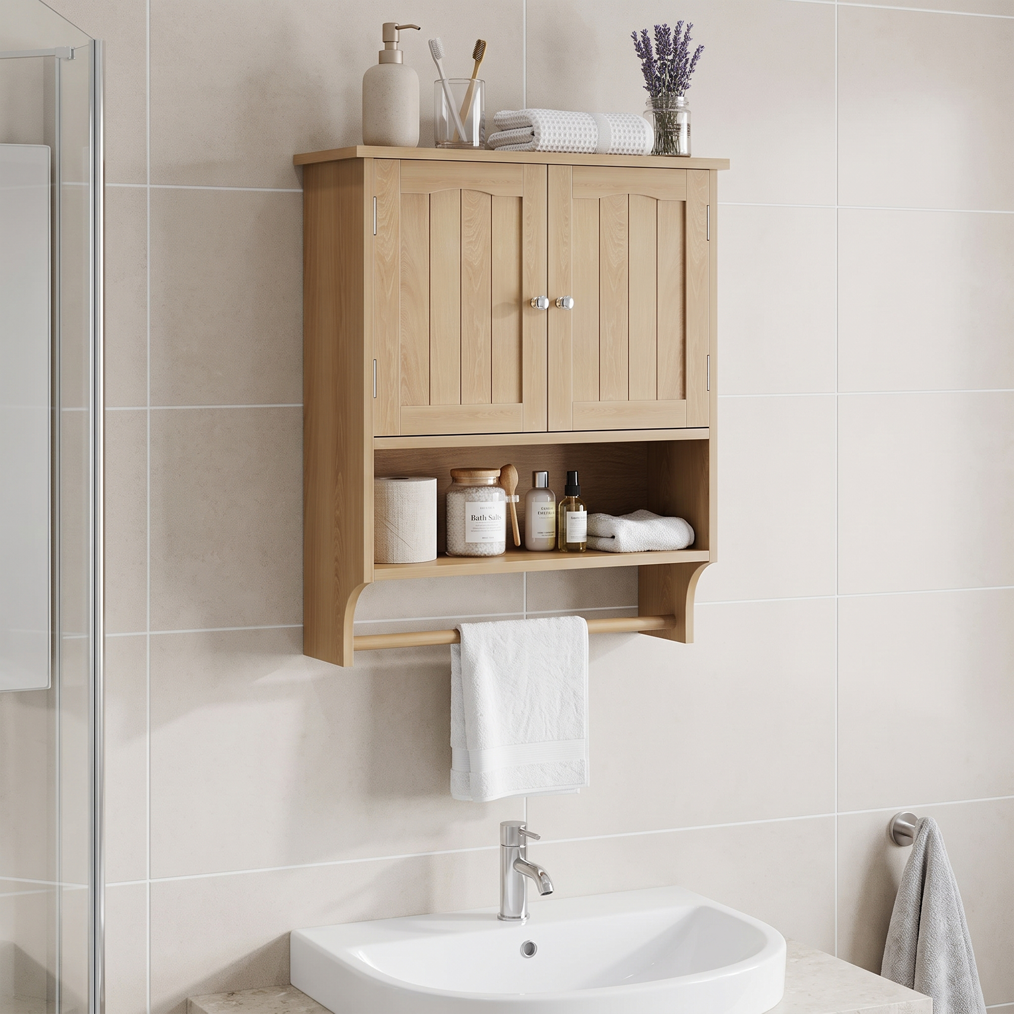 Oak-colored Wall-mounted Bathroom Vanity With Towel Rack And 2 Adjustable — image 3