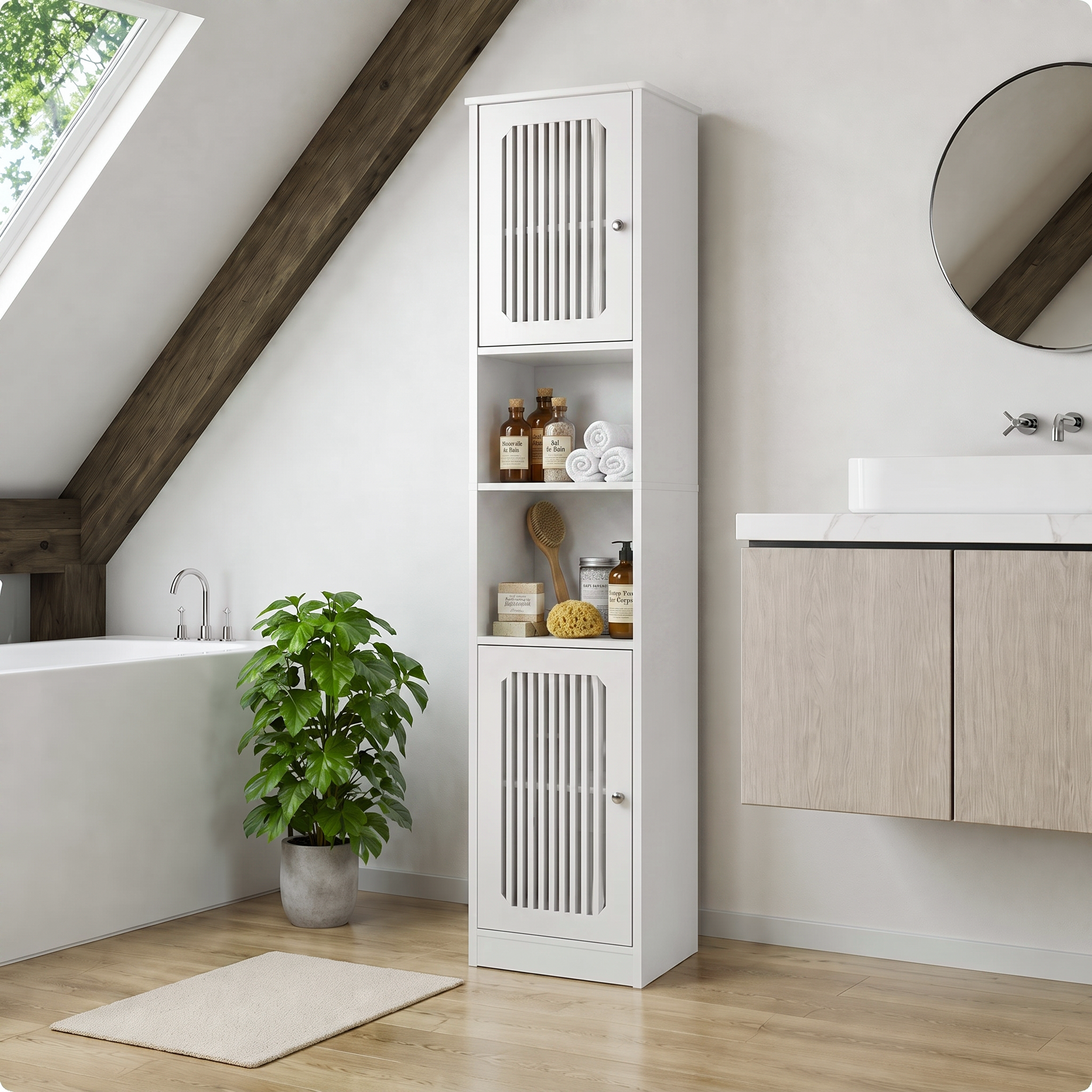 163cm Bathroom Tall Cabinet With Adjustable Drawer Shelves, Louvered Door — image 2