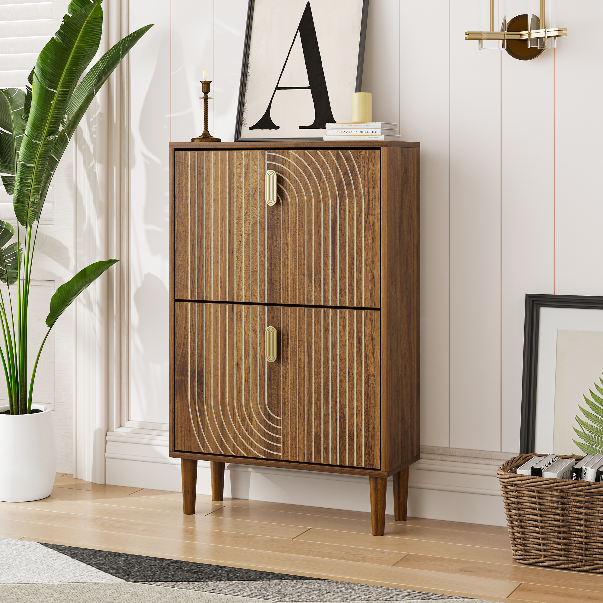 60cm Shoe Storage Cabinet With 2 Flip Drawers,Free Standing Metal Handles — image 5