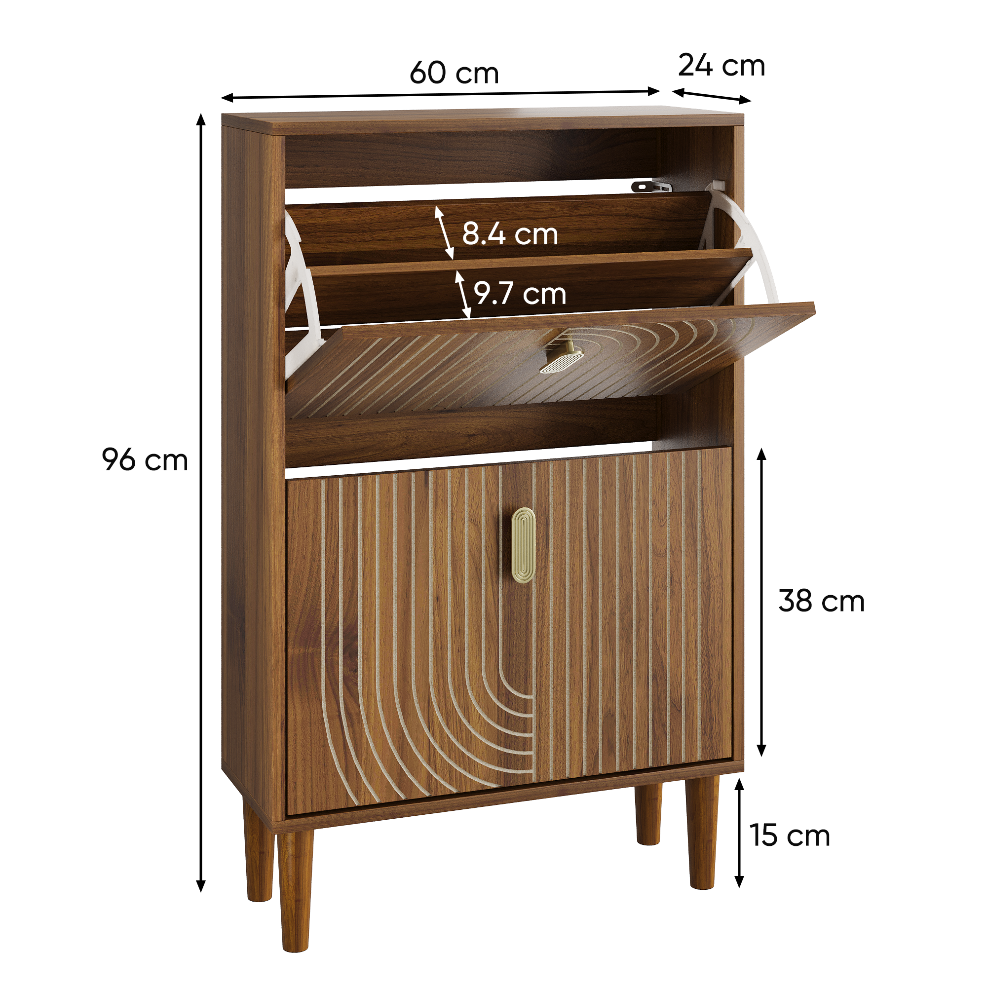 60cm Shoe Storage Cabinet With 2 Flip Drawers,Free Standing Metal Handles
