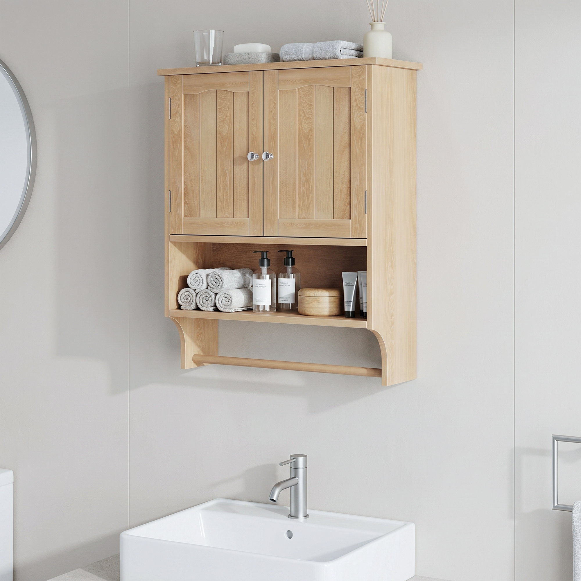 Oak-colored Wall-mounted Bathroom Vanity With Towel Rack And 2 Adjustable