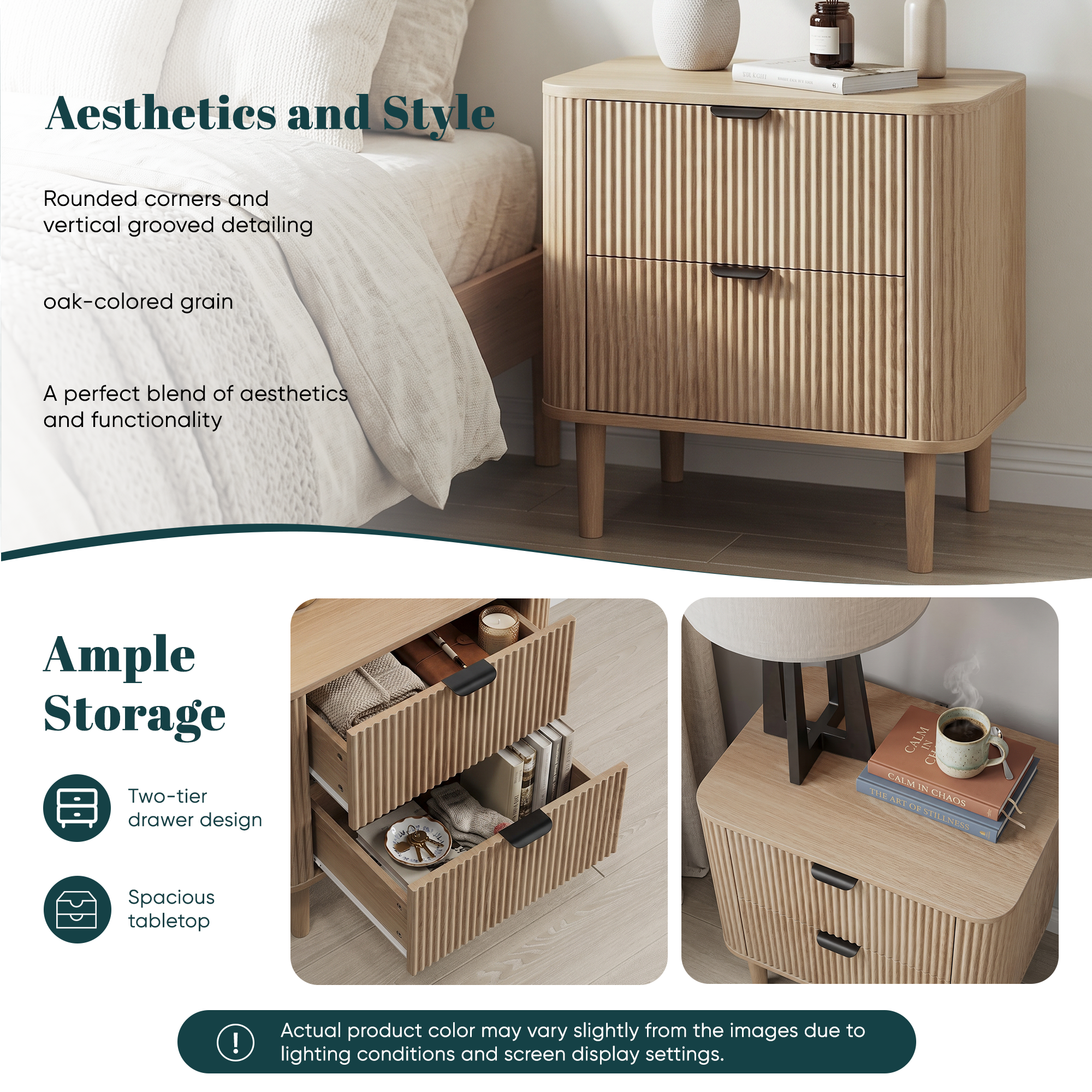 Farmhouse Style Bedside Table With Two Storage Drawers, Practical Modern