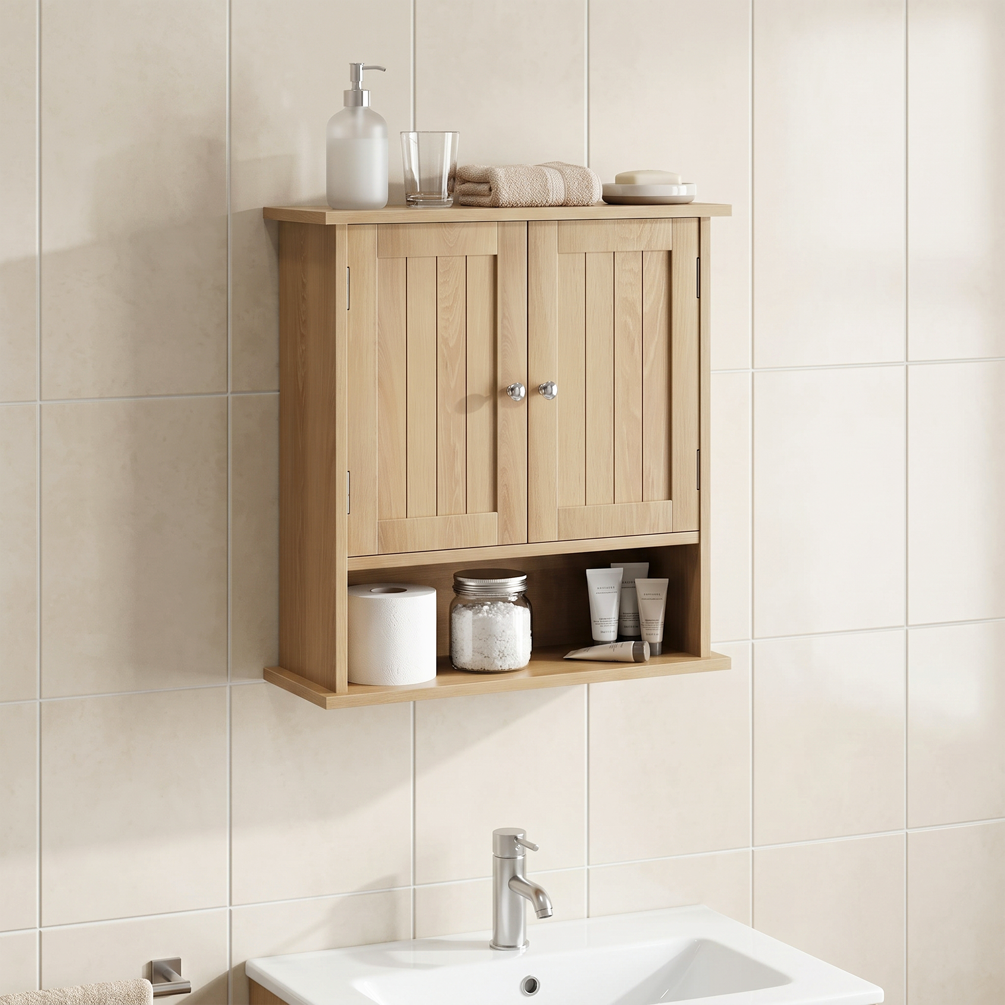 Oak-colored Wall-mounted Bathroom Vanity With Double Doors And Adjustable — image 3