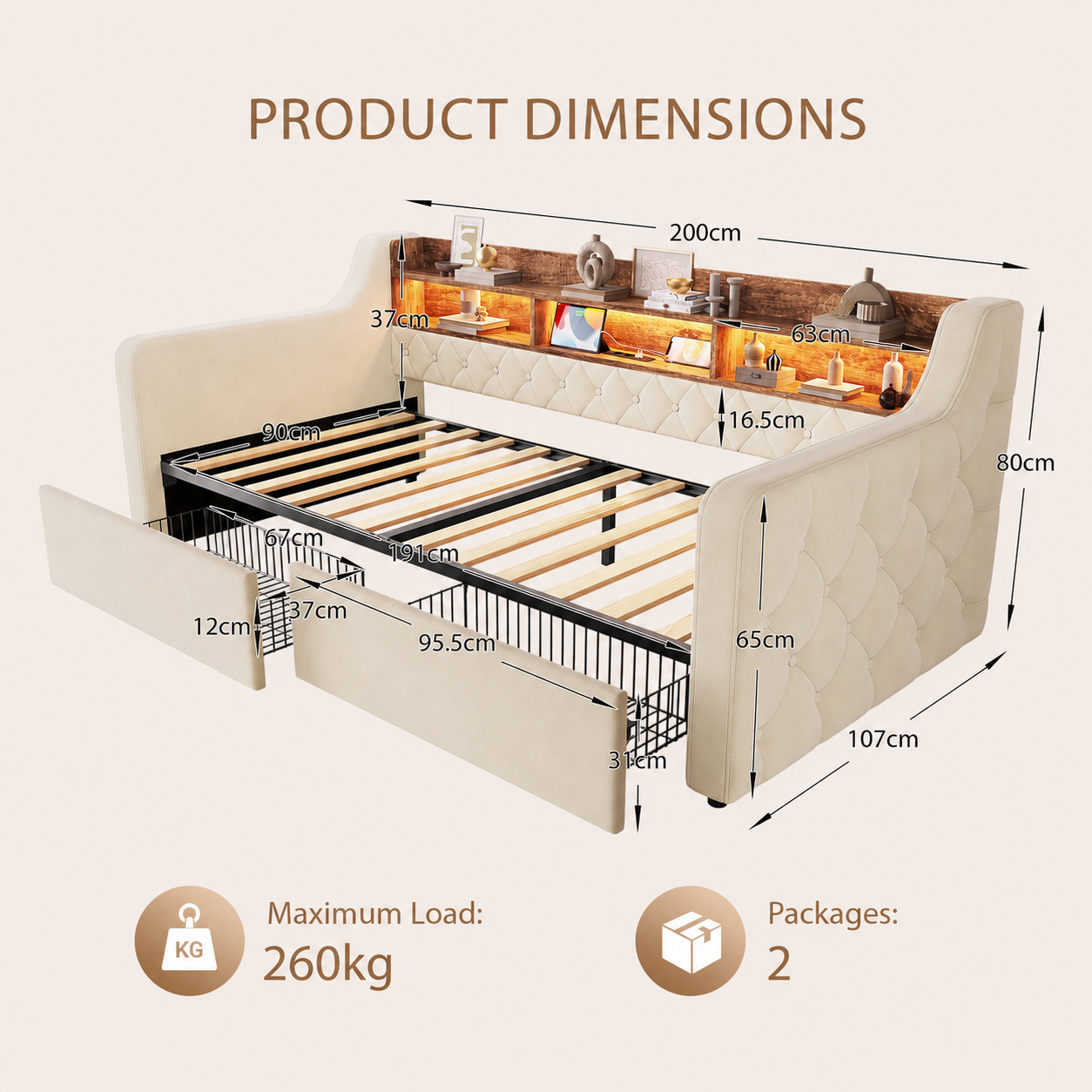 Upholstered Storage Bed 90x190 Cm, Velvet Single With LED Lights, USB & Type-C — image 3