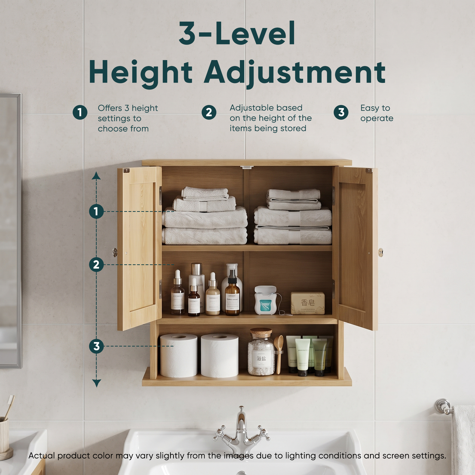 Oak-colored Wall-mounted Bathroom Vanity With Double Doors And Adjustable — image 2