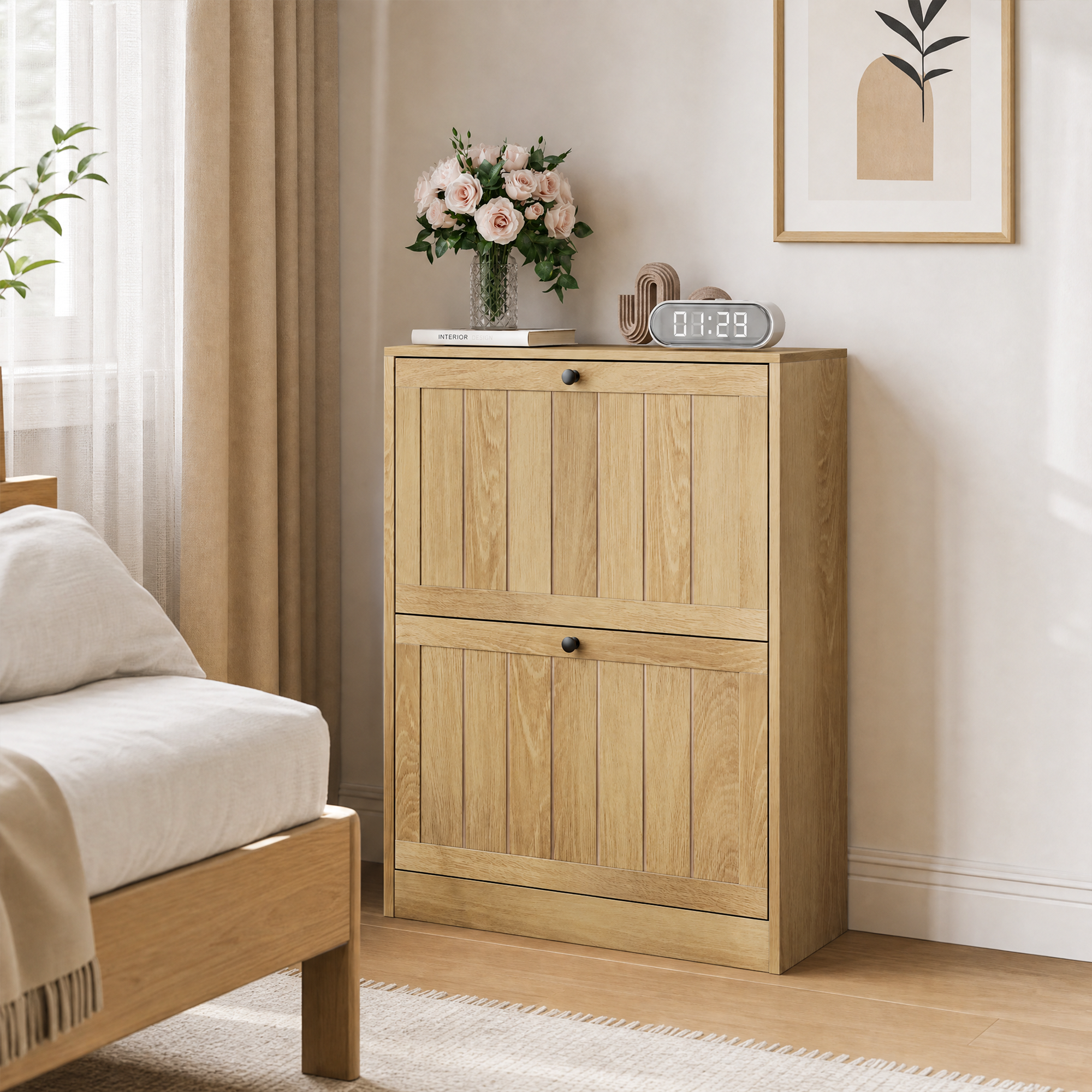 60 Cm Oak-colored Shoe Cabinet, Freestanding In Mid-century Modern Style — image 4