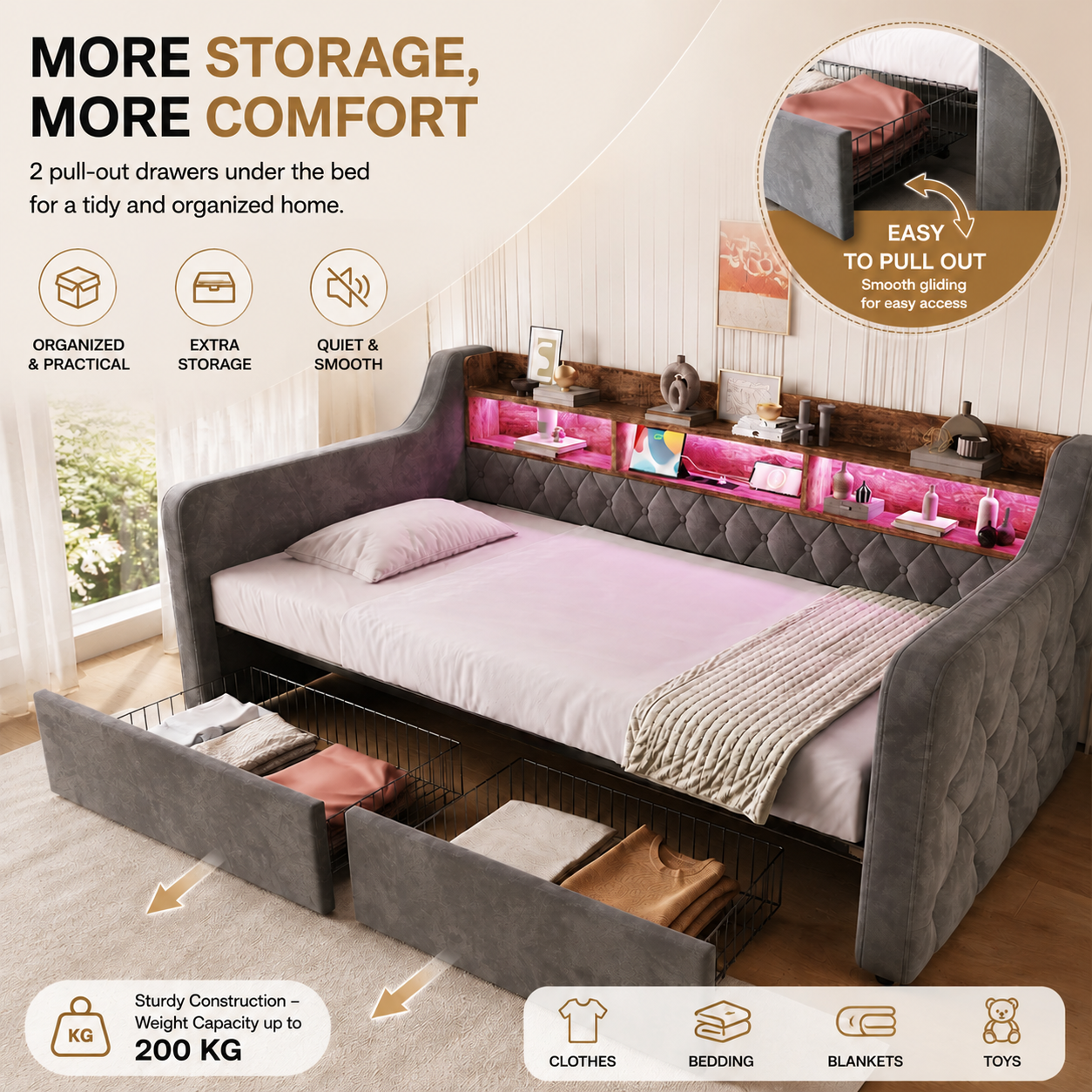 Upholstered Storage Bed 90x190 Cm, Velvet Single With LED Lights, USB & Type-C — image 2