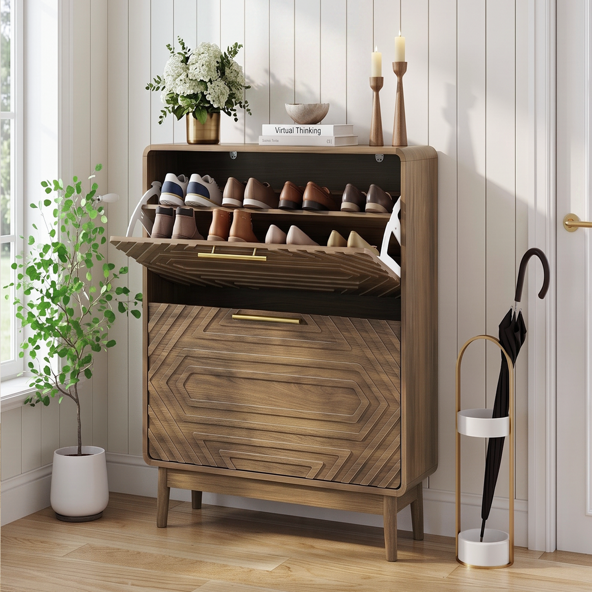 60cm Walnut Shoe Cabinet, Mid-Century Modern Freestanding Organizer With 2 — image 4