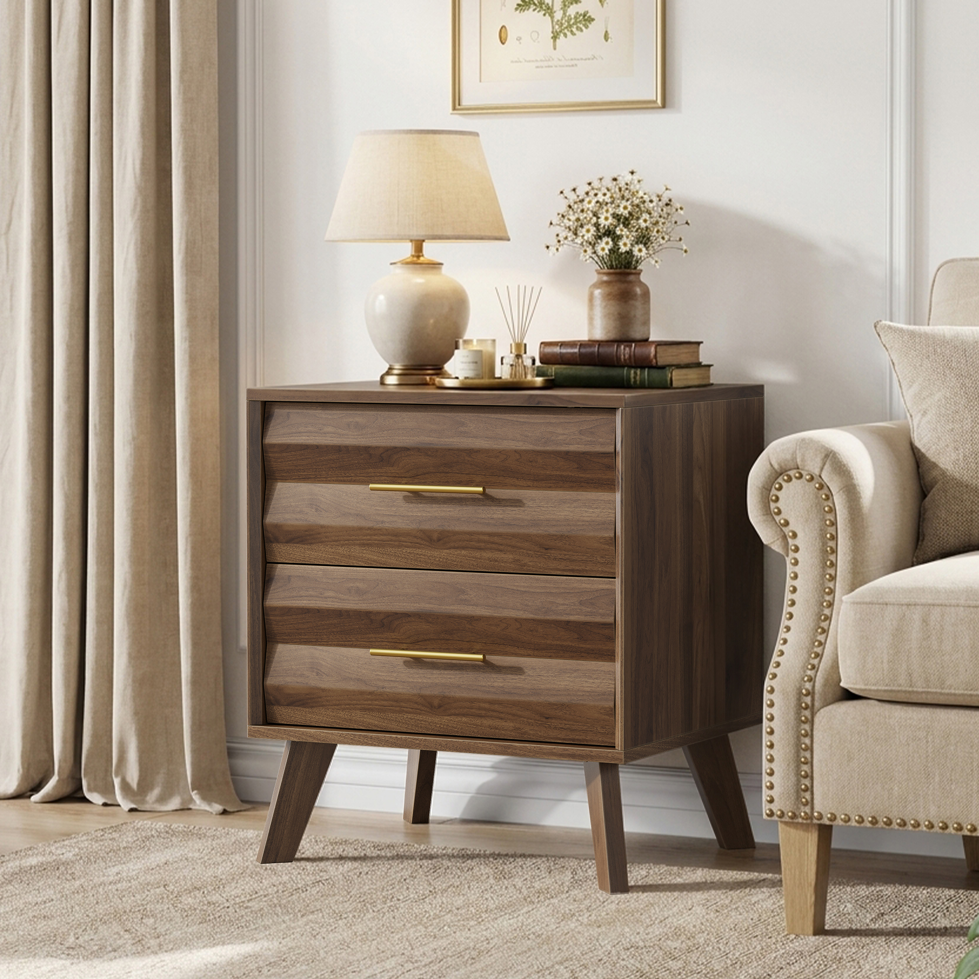 Walnut-colored Double Drawer Bedside Table, Medieval-style Modern Bedroom