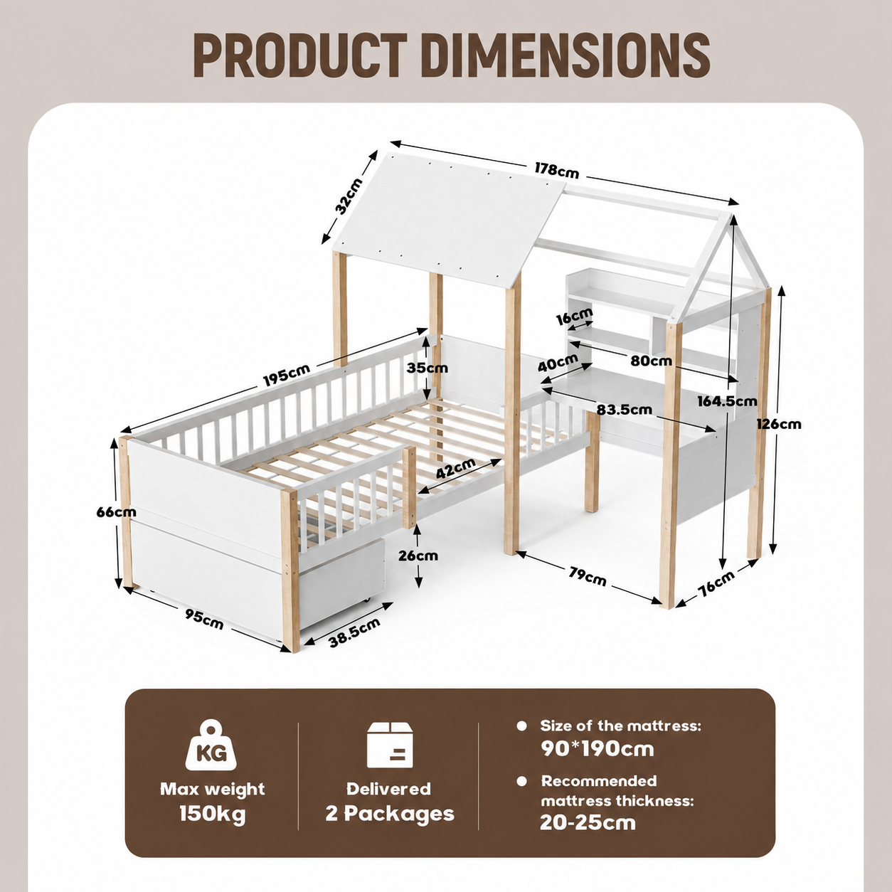90 X 190 Cm Kids House Bed With Safety Guard Rail, Solid Wood Frame Slatted — image 4