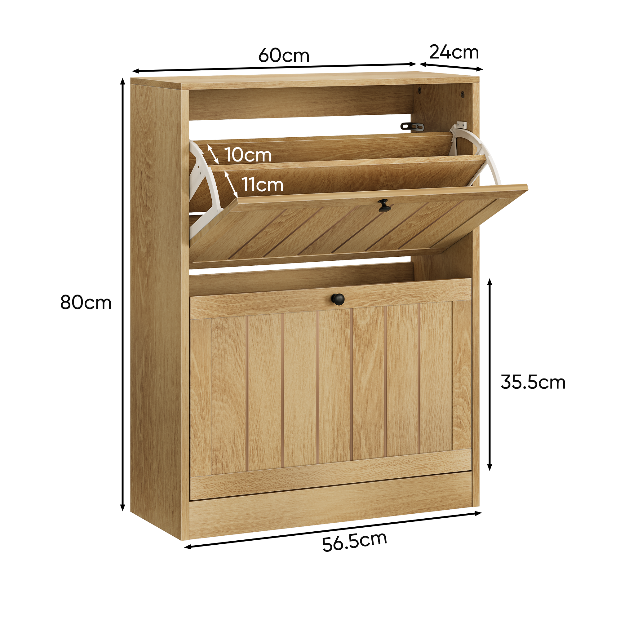 60 Cm Oak-colored Shoe Cabinet, Freestanding In Mid-century Modern Style — image 5