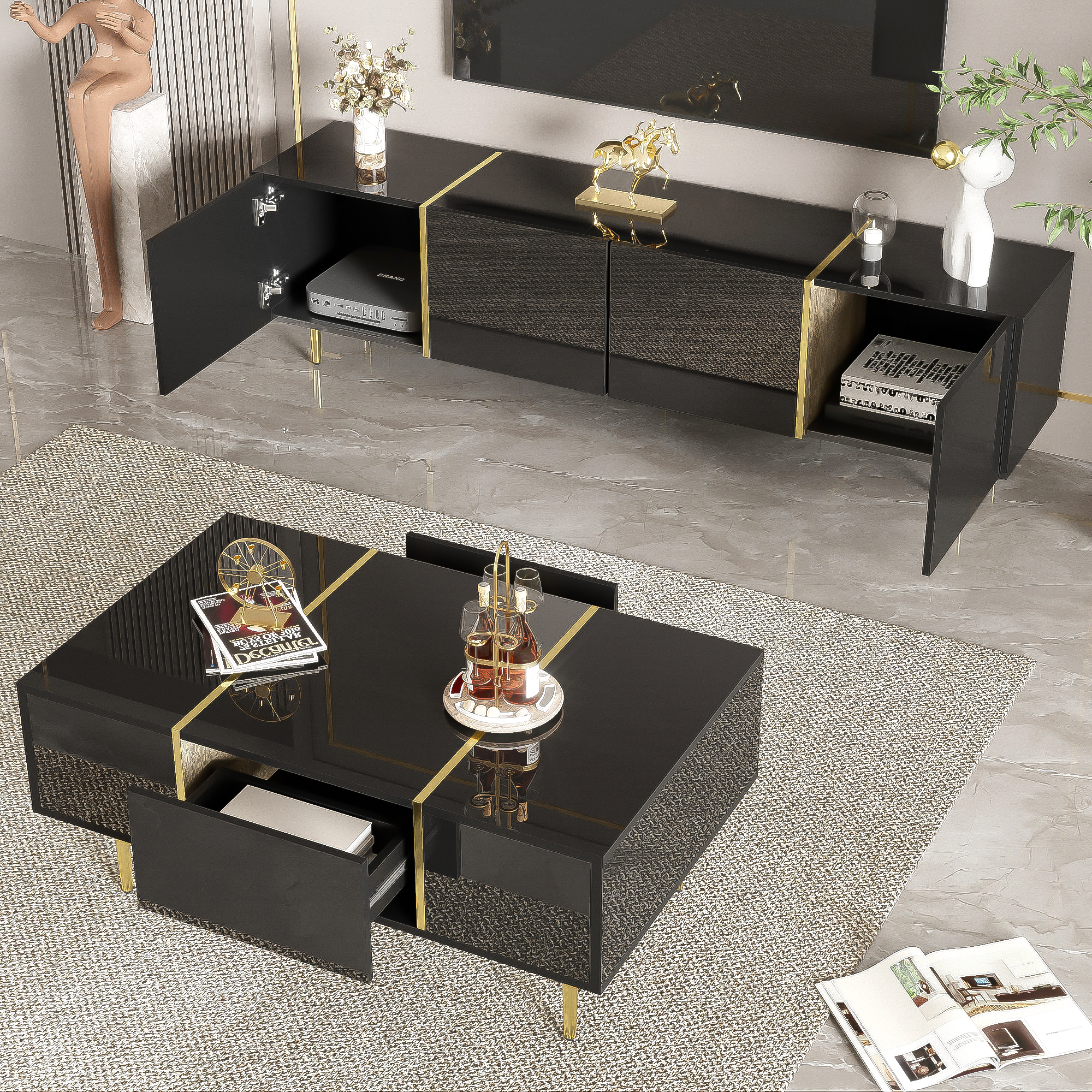 Modern High-gloss Black TV Cabinet And Coffee Table Set — image 3