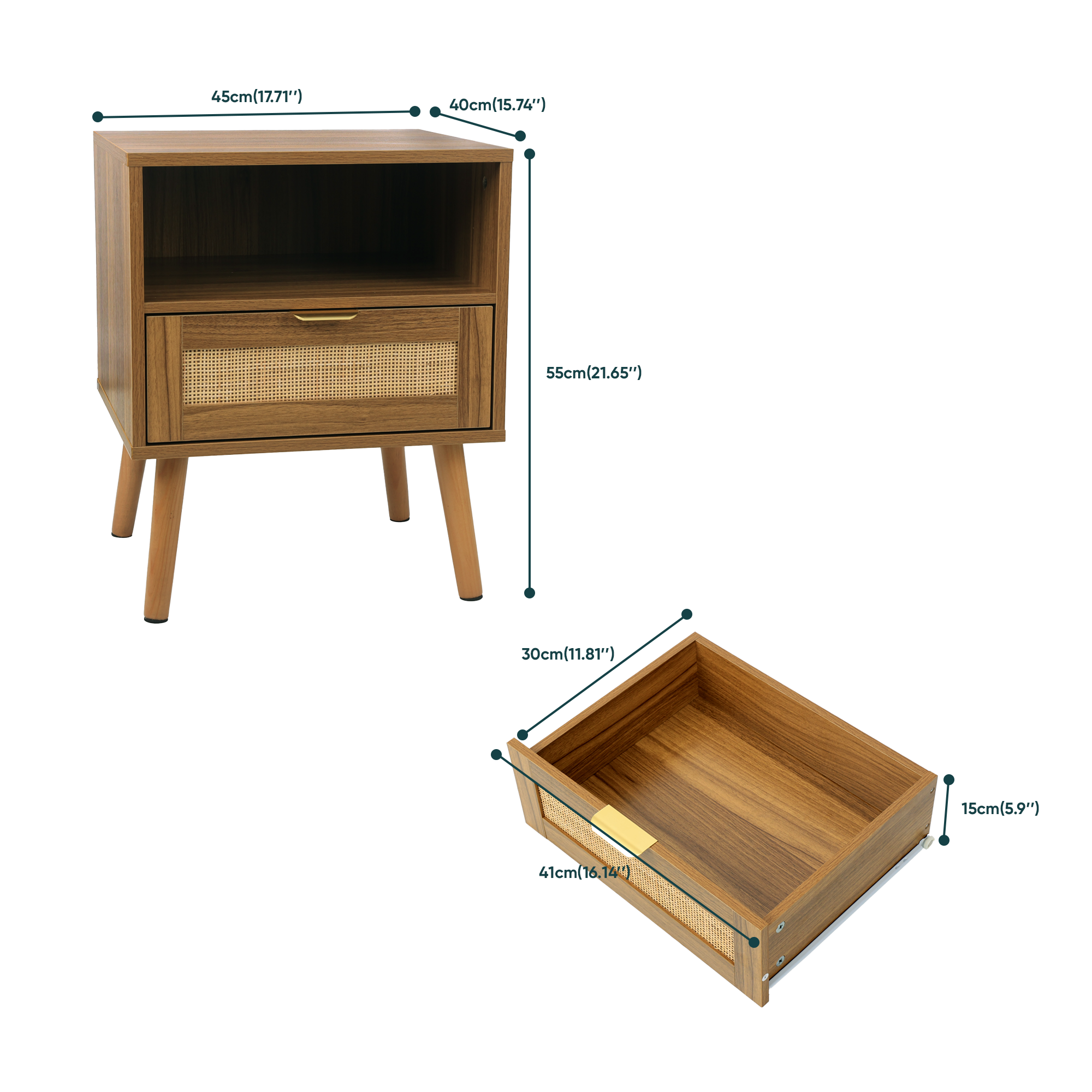 Rattan Nightstand With Walnut Finish, Boho-style Open Shelf, Mid-century Modern — image 5