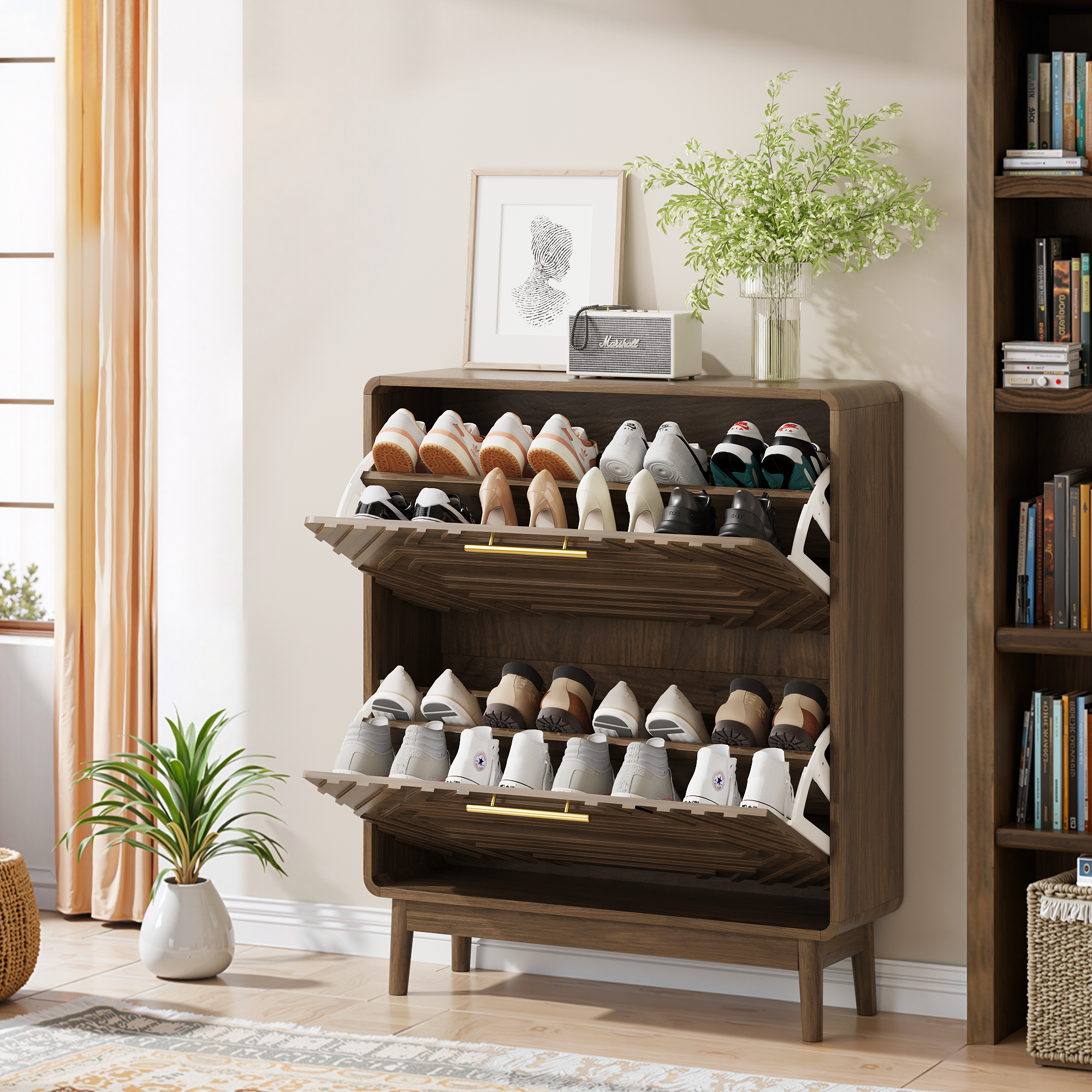80cm Walnut Shoe Cabinet, Mid-Century Modern Freestanding Organizer With 2 — image 5