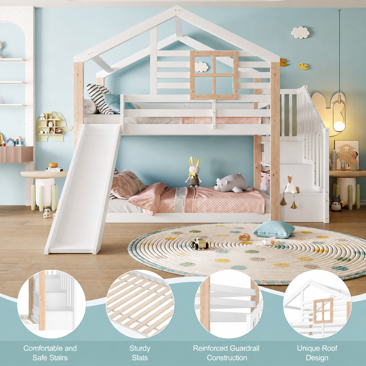 Kids Bunk Bed With Slide And Stairs, Scandinavian Style Solid Wood Frame Safety