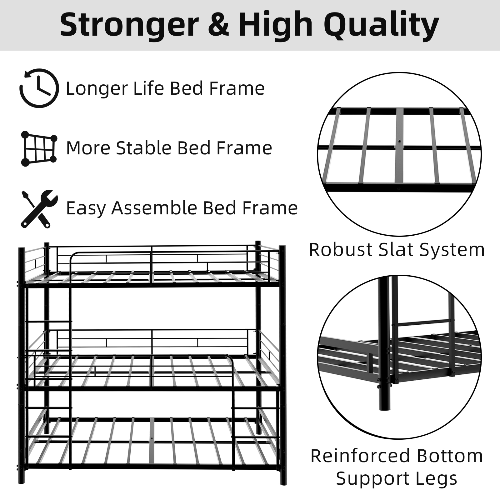 Black Three-layer Reinforced Iron High And Low Beds, Three Person Metal Bed — image 4
