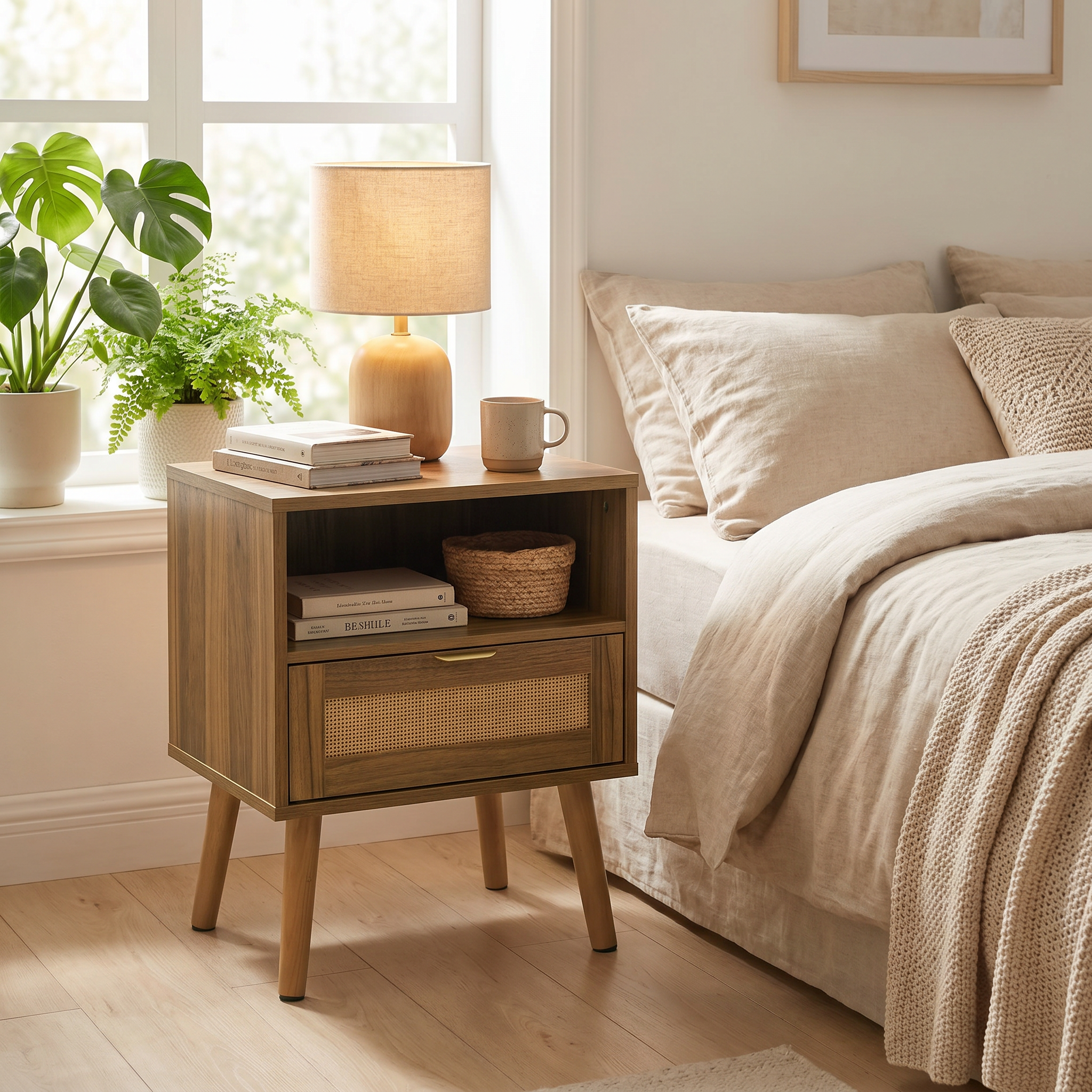 Rattan Nightstand With Walnut Finish, Boho-style Open Shelf, Mid-century Modern — image 2