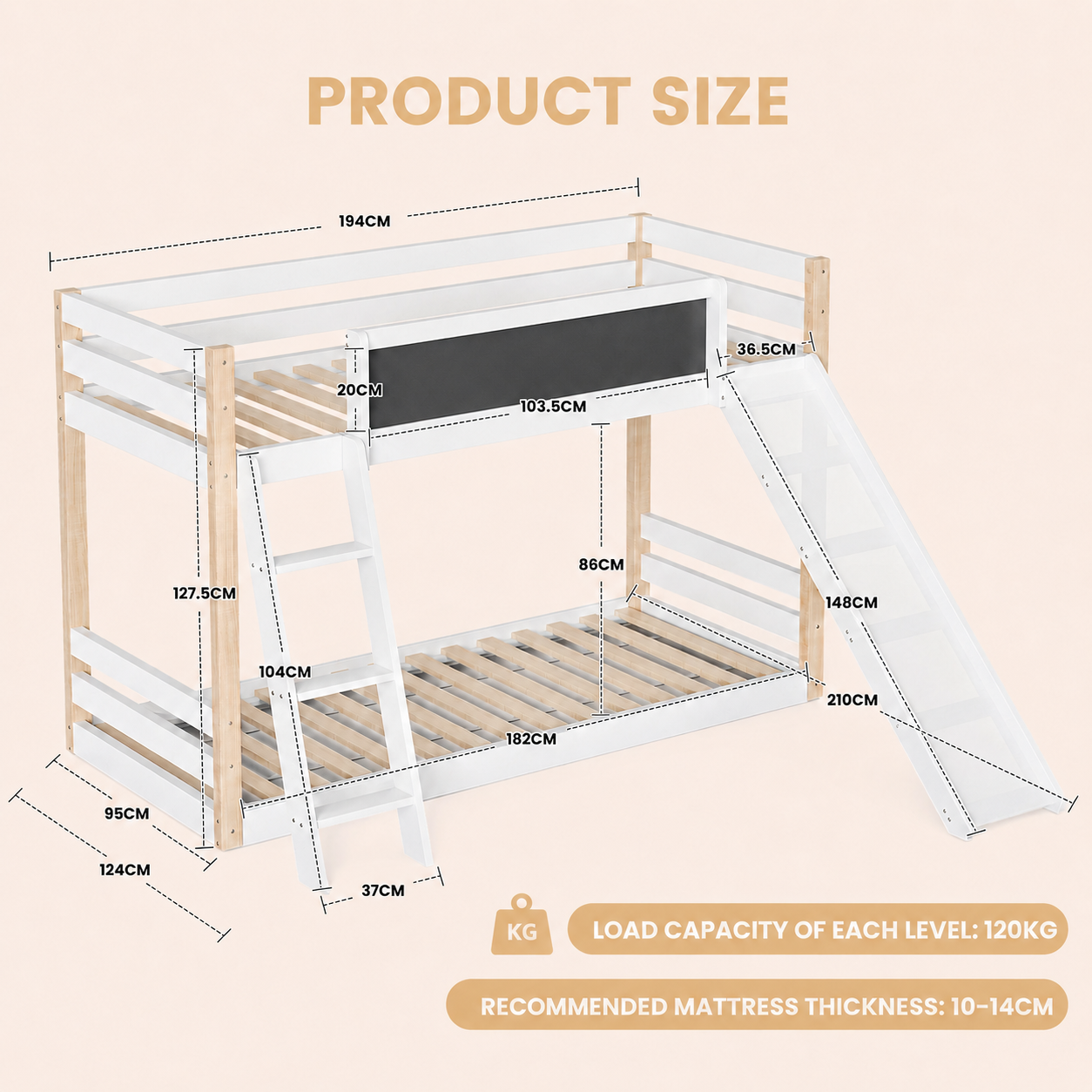 Bunk Bed For Kids 90 X 190 Cm With Slide & Storage Stairs, Wooden High Sleeper