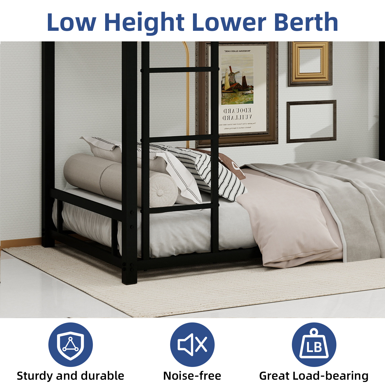 Black Metal Bunk Bed For Both Adults And Children, With Safety Railing Ladder — image 5