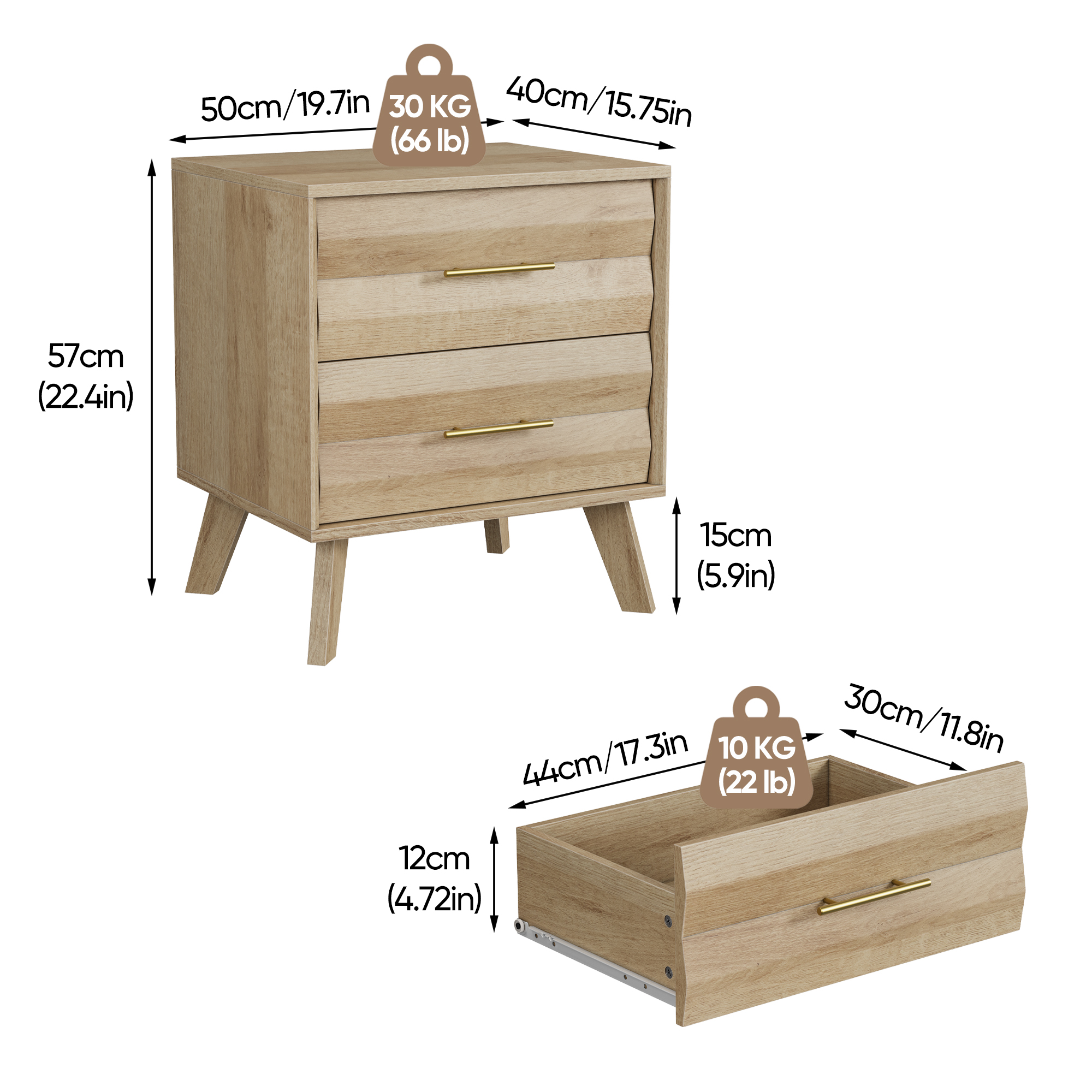 Oak-colored Double-drawer Bedside Table, Medieval-style Modern Bedroom Storage — image 4