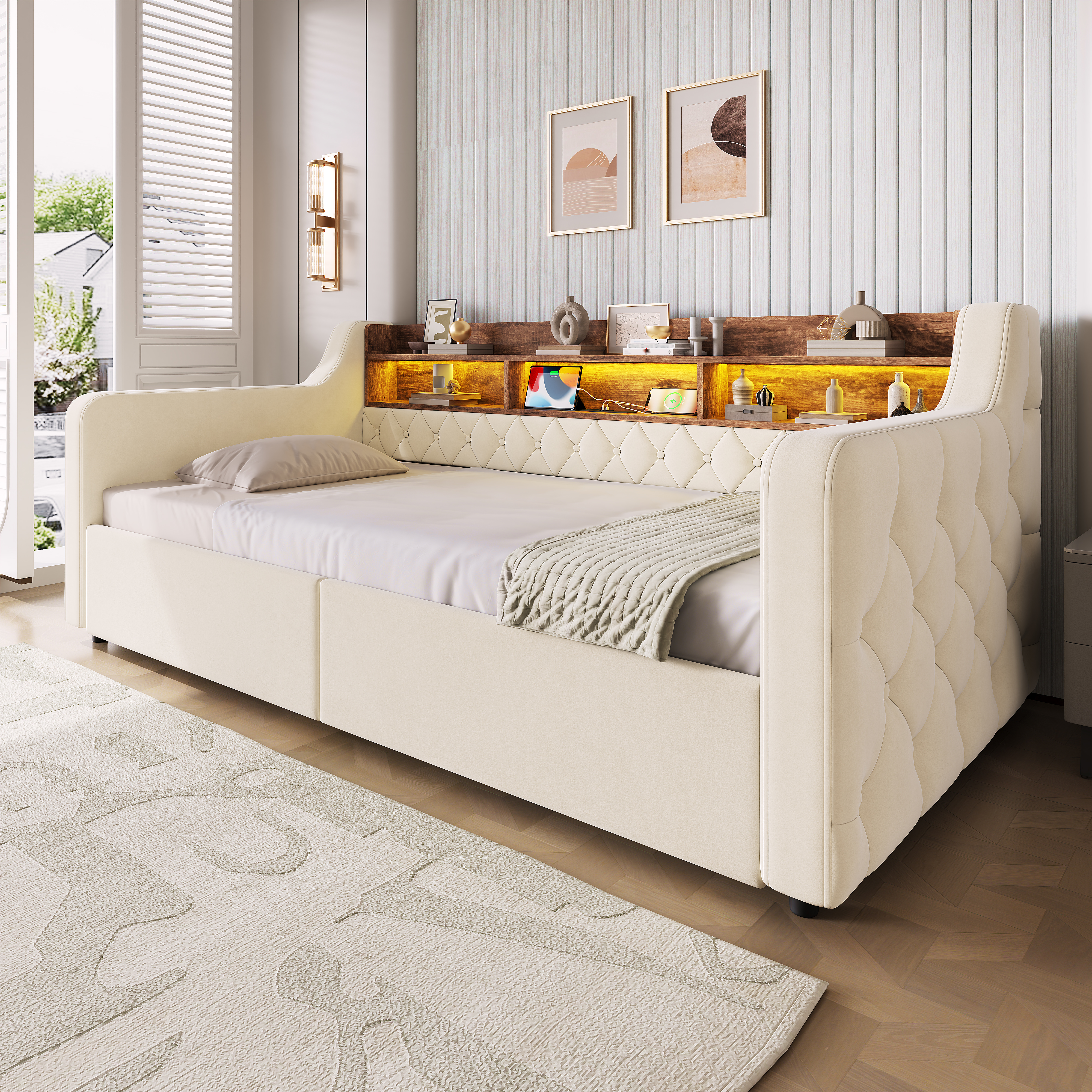 Upholstered Storage Bed 90x190 Cm, Velvet Single With LED Lights, USB & Type-C — image 5