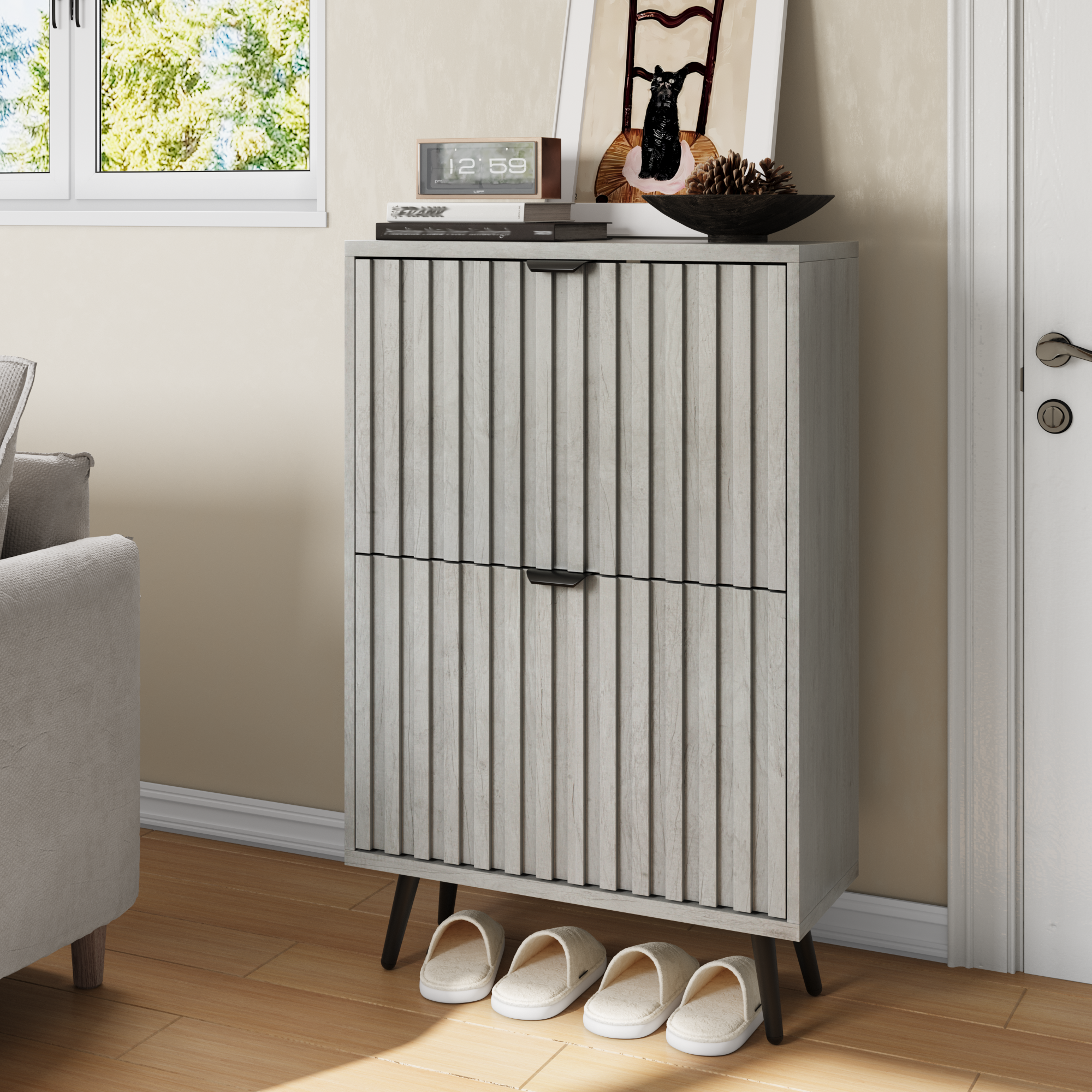 Concealed Shoe Cabinet Featuring A 60 Cm Grey Recessed Handle Design And Two
