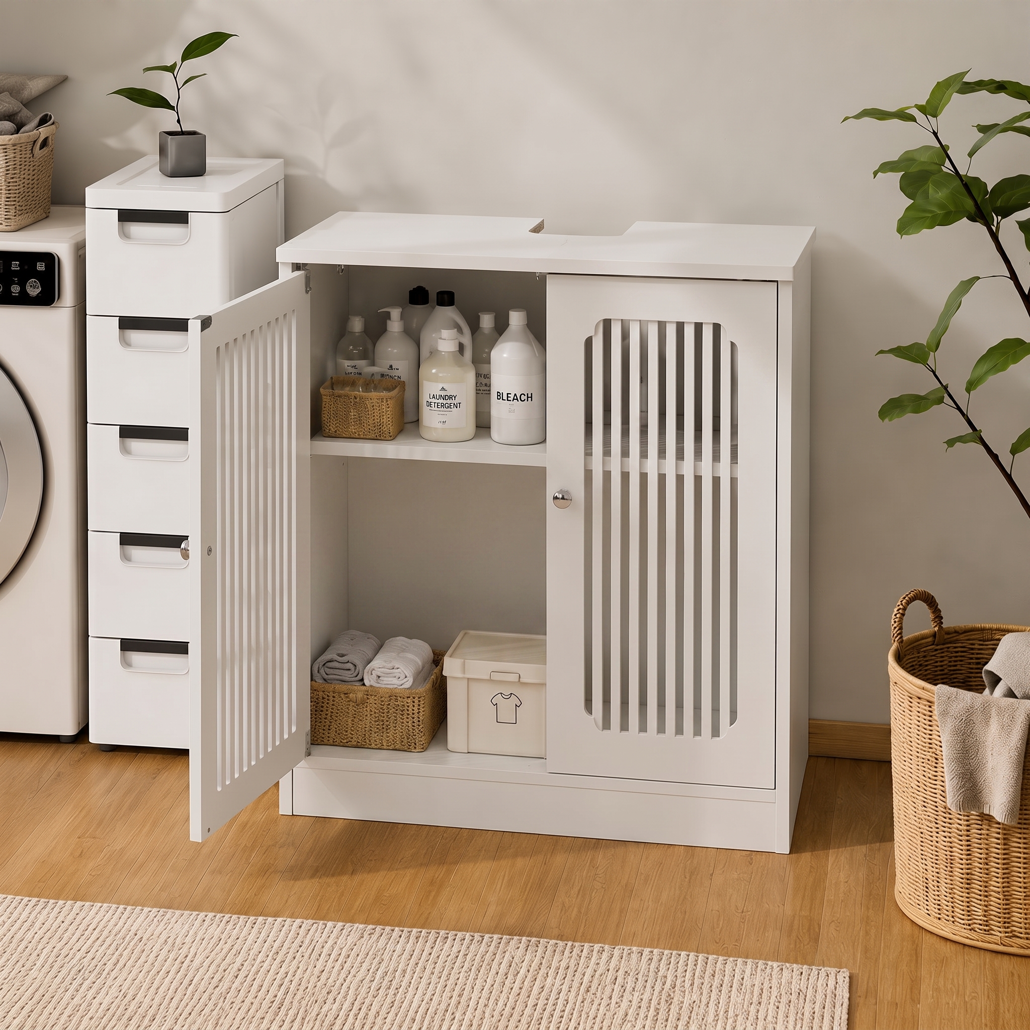 Washbasin Cabinet Without Basin, Louvered Double-door Floor-standing Bathroom — image 2
