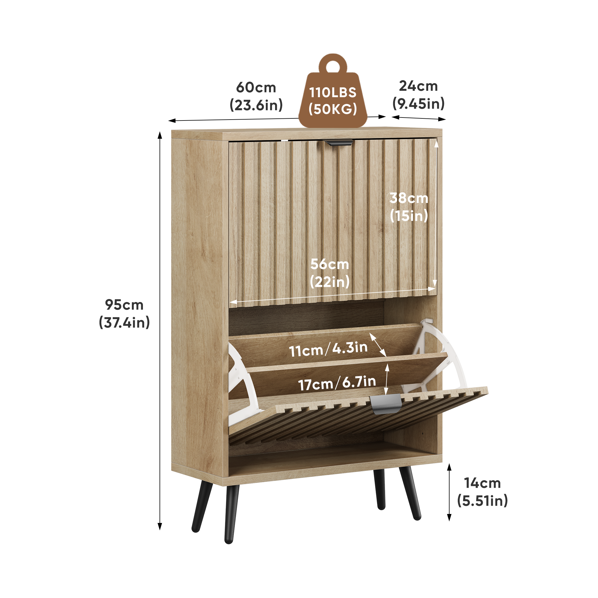 60cm-wide Freestanding Shoe Cabinet Featuring A Natural Oak Wood Grain Finish