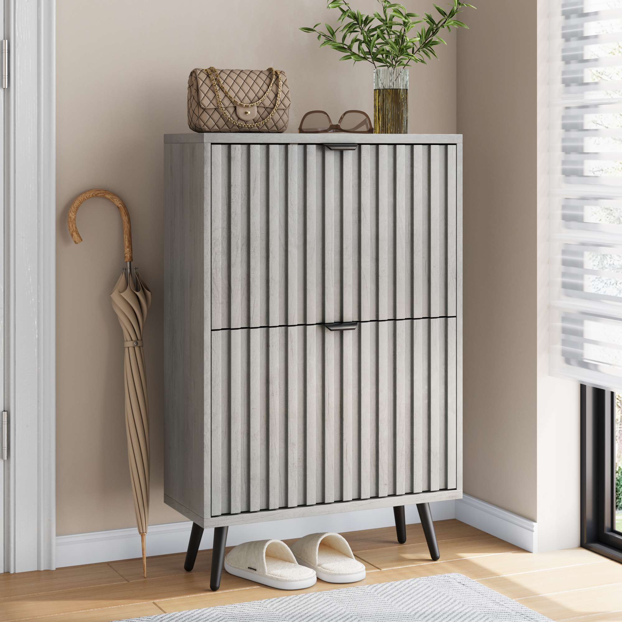 Concealed Shoe Cabinet Featuring A 60 Cm Grey Recessed Handle Design And Two — image 2
