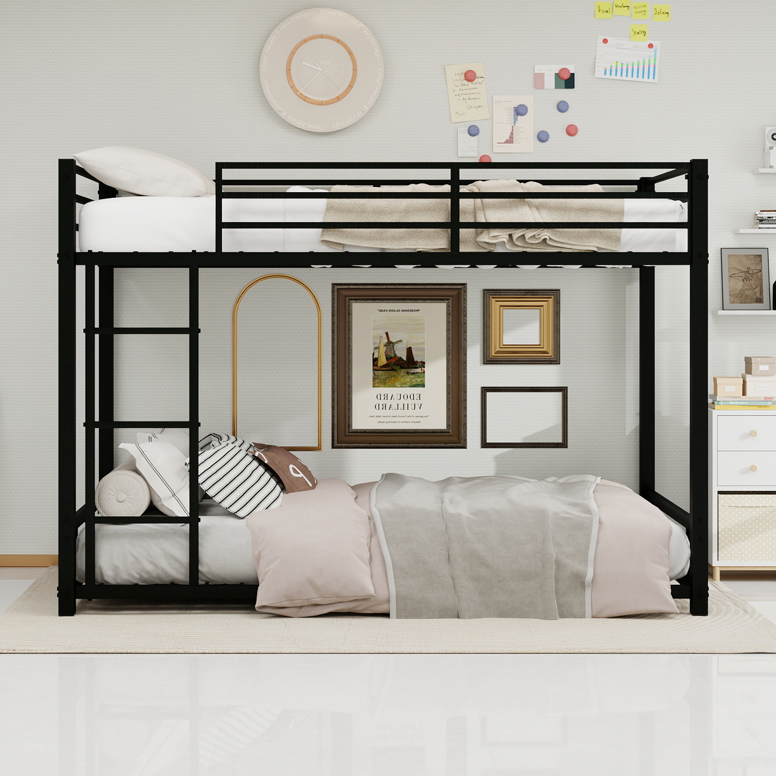 Black Metal Bunk Bed For Both Adults And Children, With Safety Railing Ladder — image 4