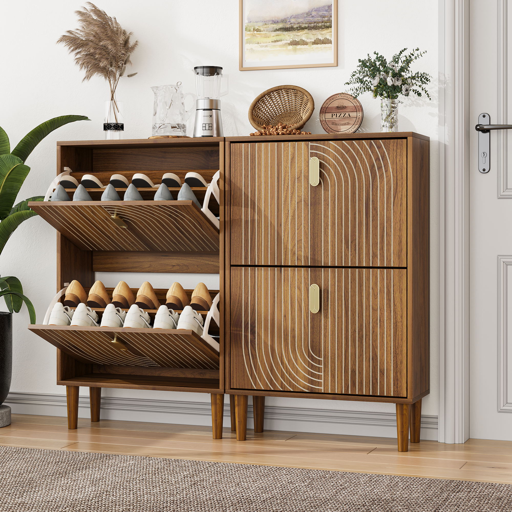 60cm Shoe Storage Cabinet With 2 Flip Drawers,Free Standing Metal Handles — image 3