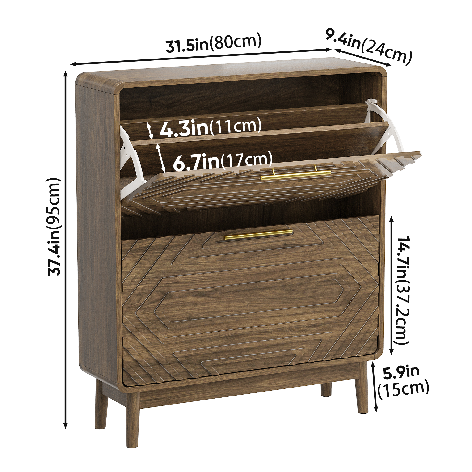 80cm Walnut Shoe Cabinet, Mid-Century Modern Freestanding Organizer With 2