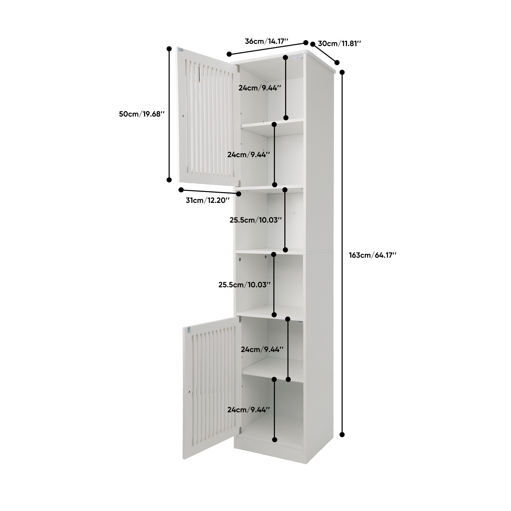 163cm Bathroom Tall Cabinet With Adjustable Drawer Shelves, Louvered Door