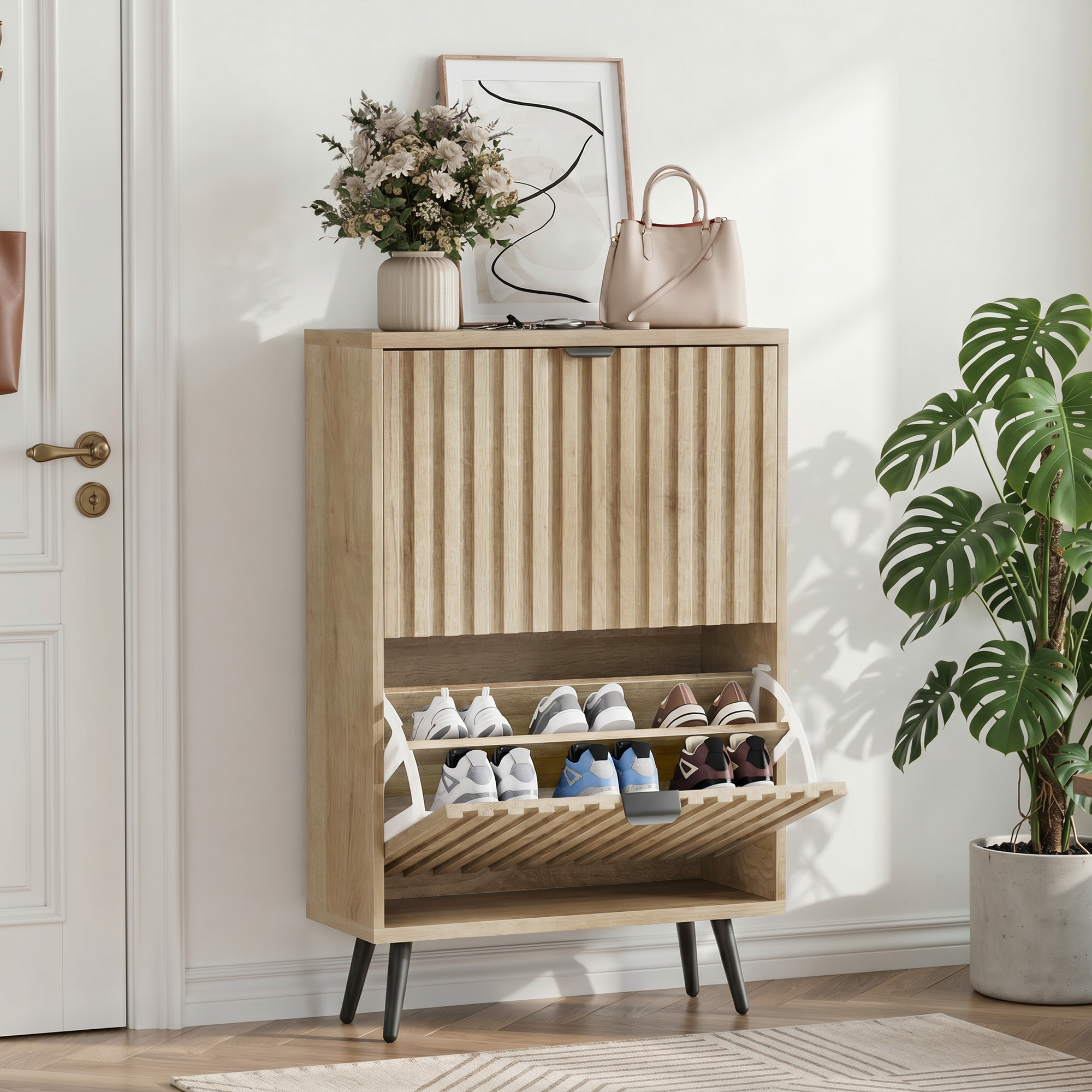 60cm-wide Freestanding Shoe Cabinet Featuring A Natural Oak Wood Grain Finish — image 2