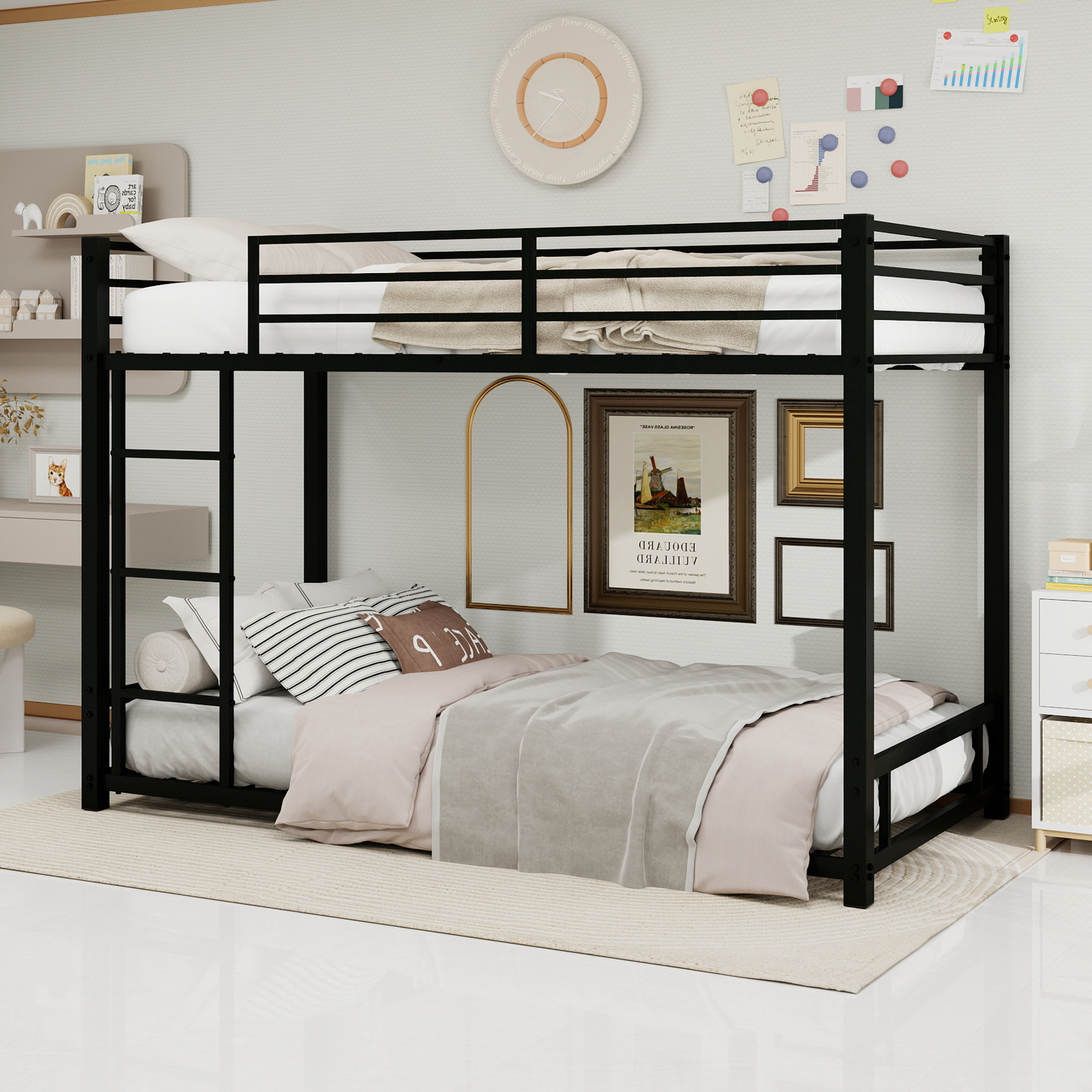 Black Metal Bunk Bed For Both Adults And Children, With Safety Railing Ladder — image 3