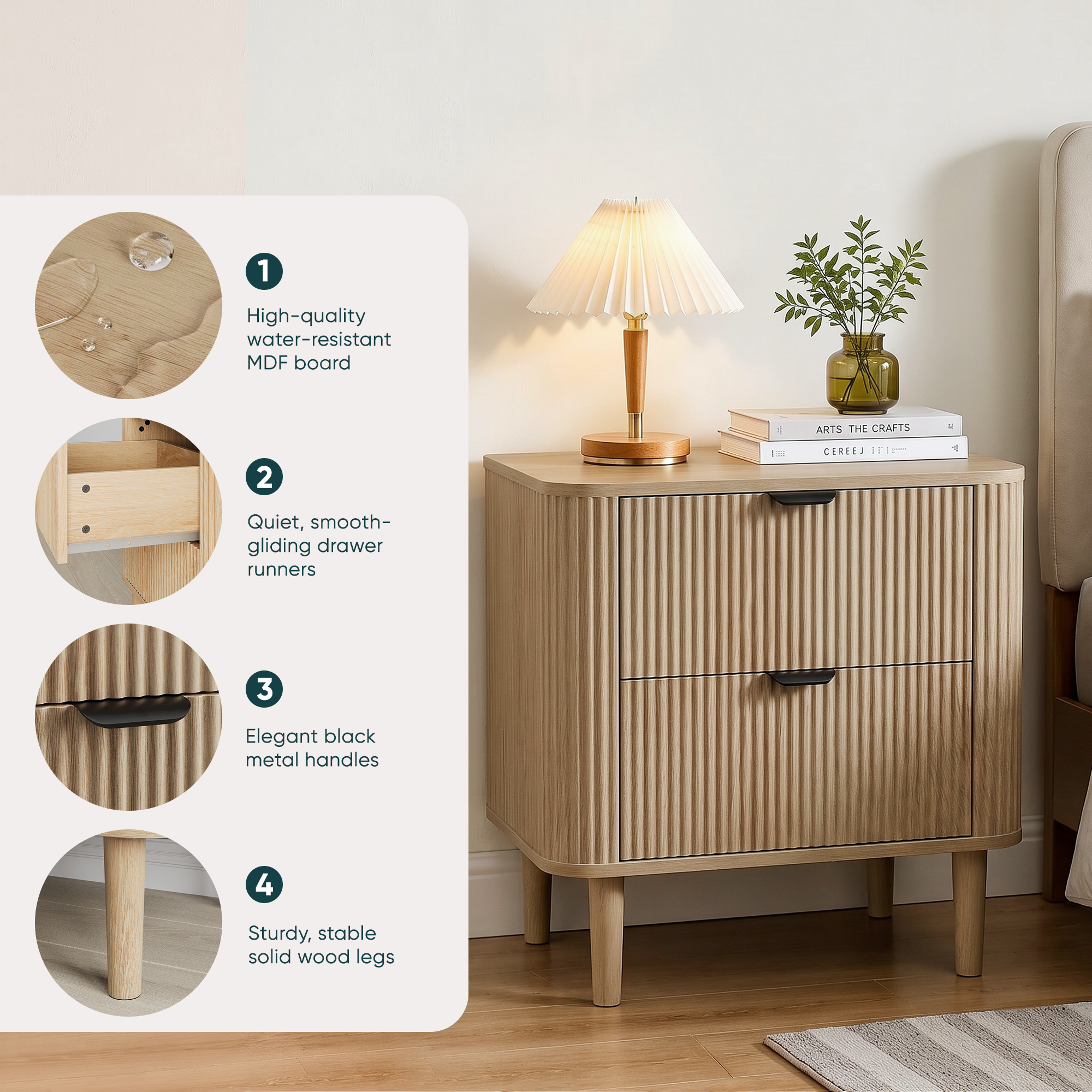 Farmhouse Style Bedside Table With Two Storage Drawers, Practical Modern — image 5