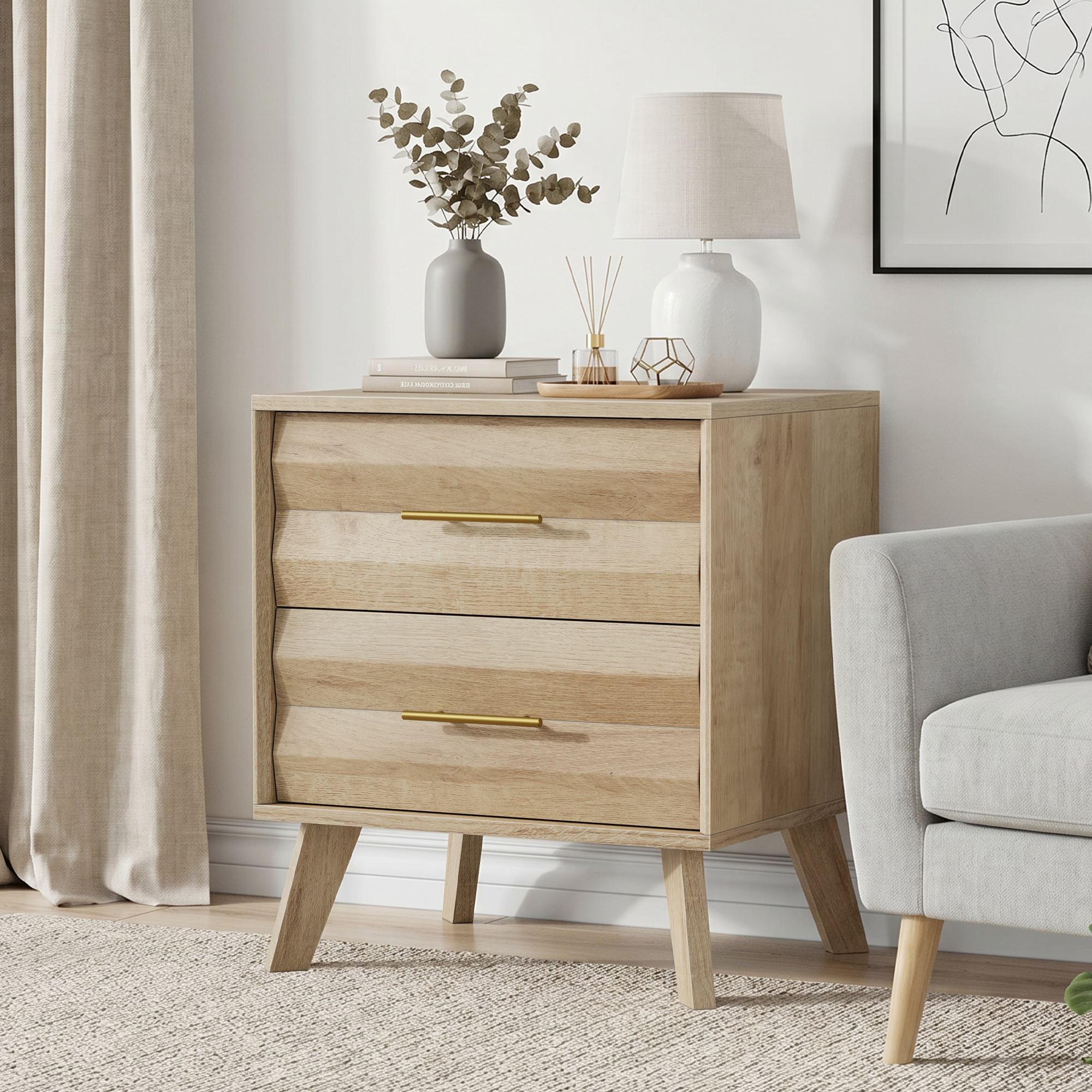 Oak-colored Double-drawer Bedside Table, Medieval-style Modern Bedroom Storage — image 2