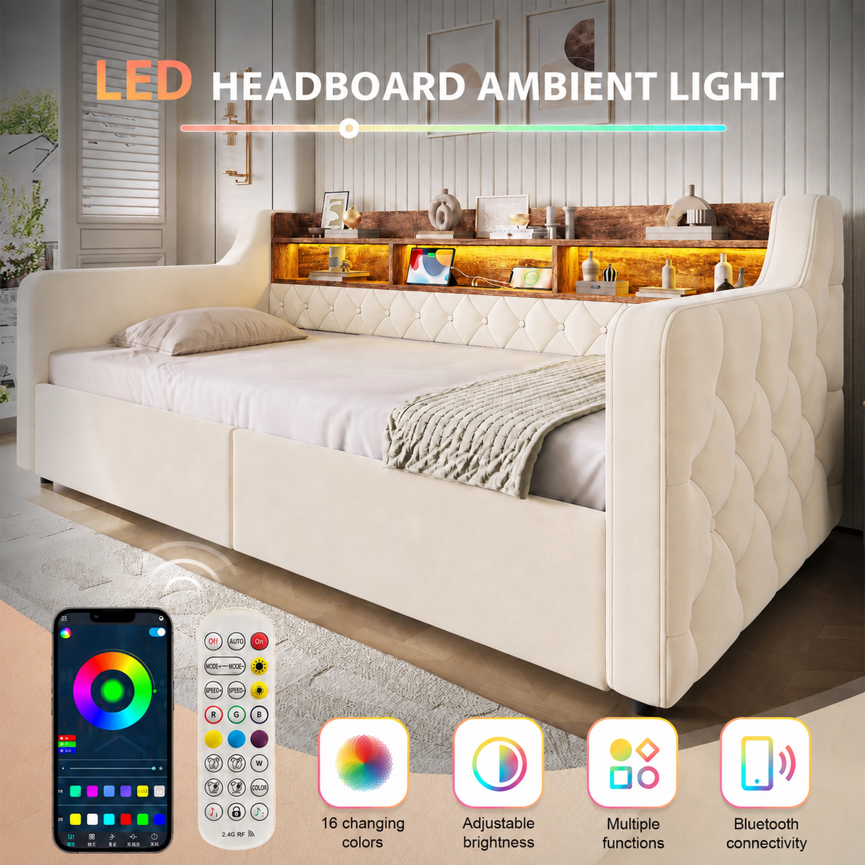 Upholstered Storage Bed 90x190 Cm, Velvet Single With LED Lights, USB & Type-C — image 4