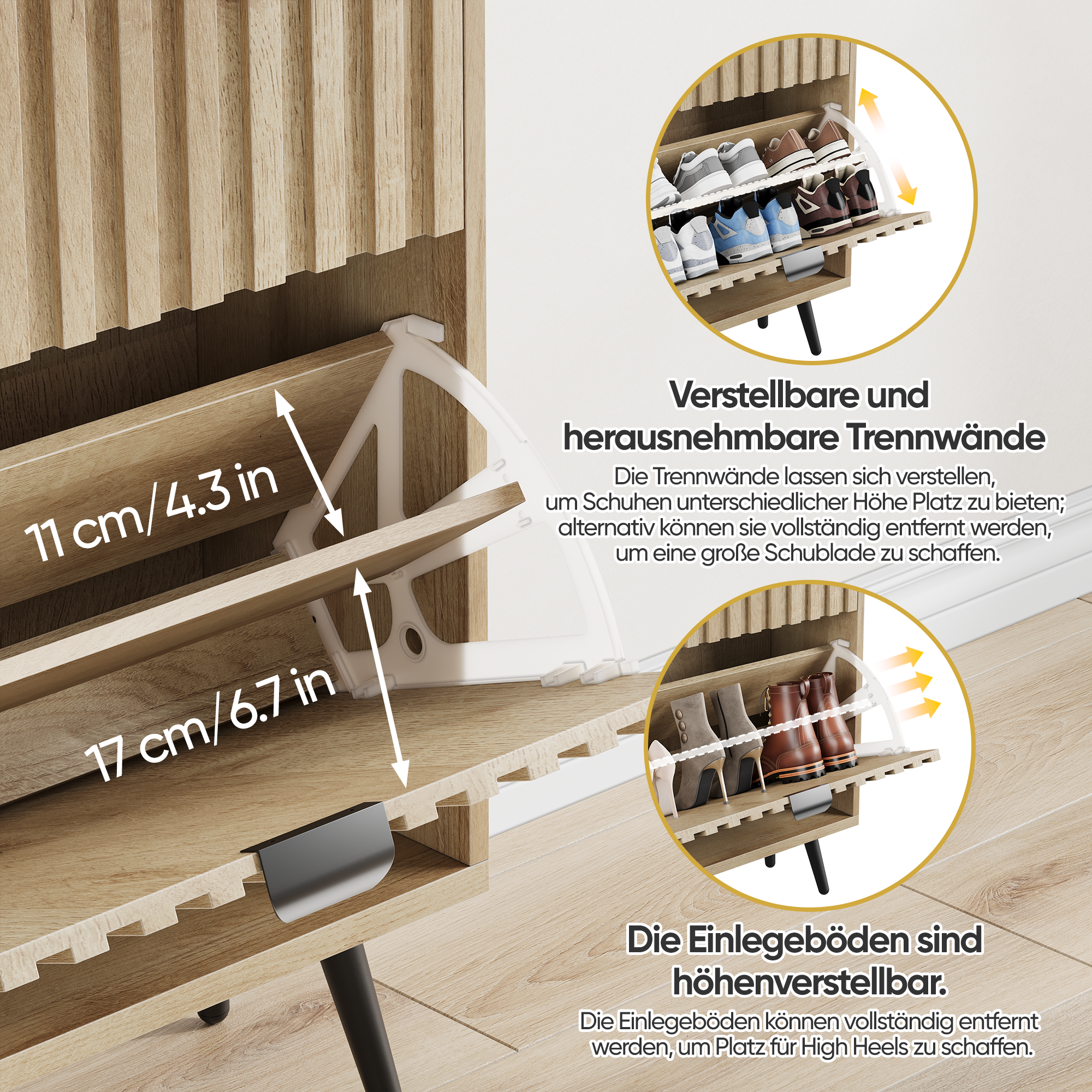 60cm-wide Freestanding Shoe Cabinet Featuring A Natural Oak Wood Grain Finish — image 5