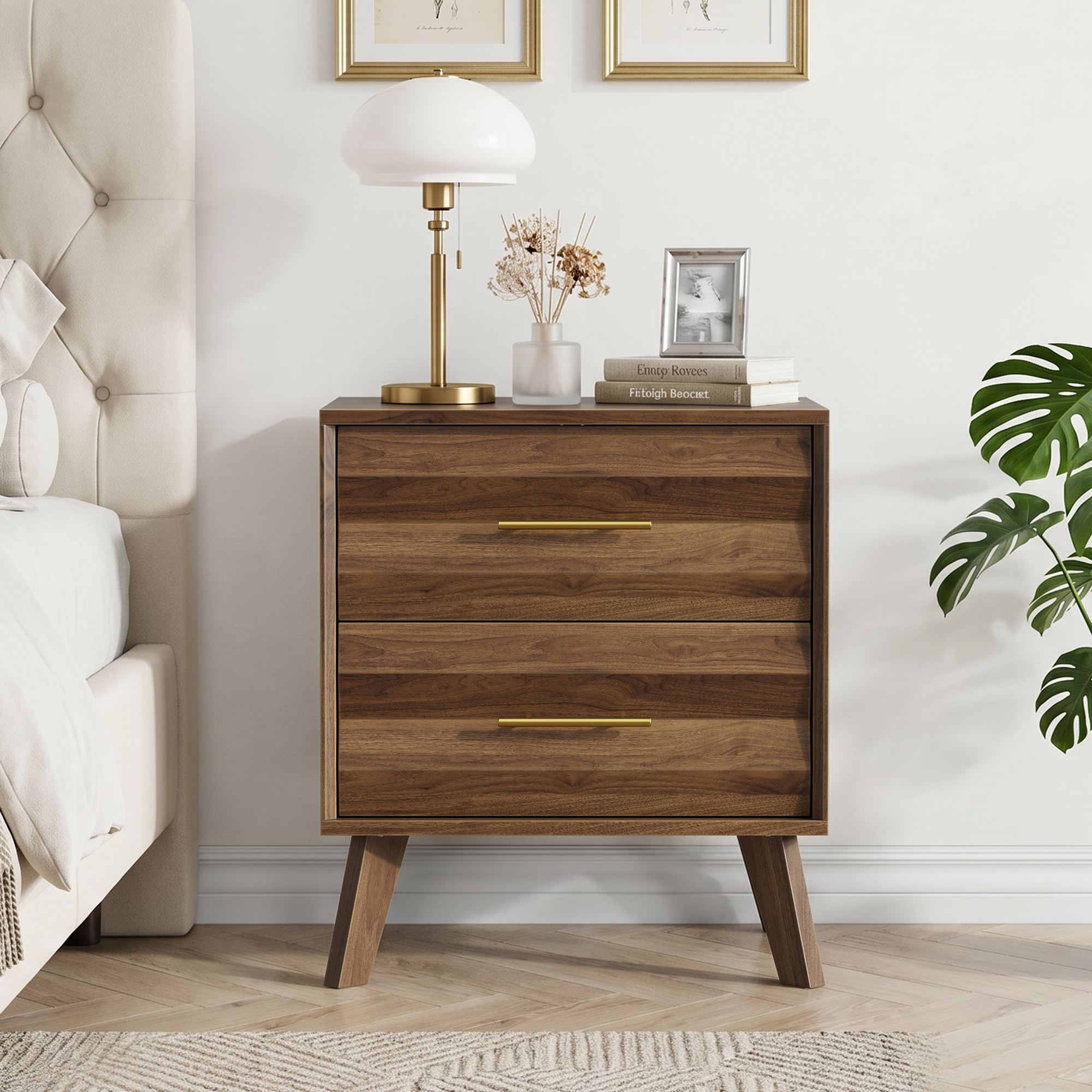 Walnut-colored Double Drawer Bedside Table, Medieval-style Modern Bedroom — image 5