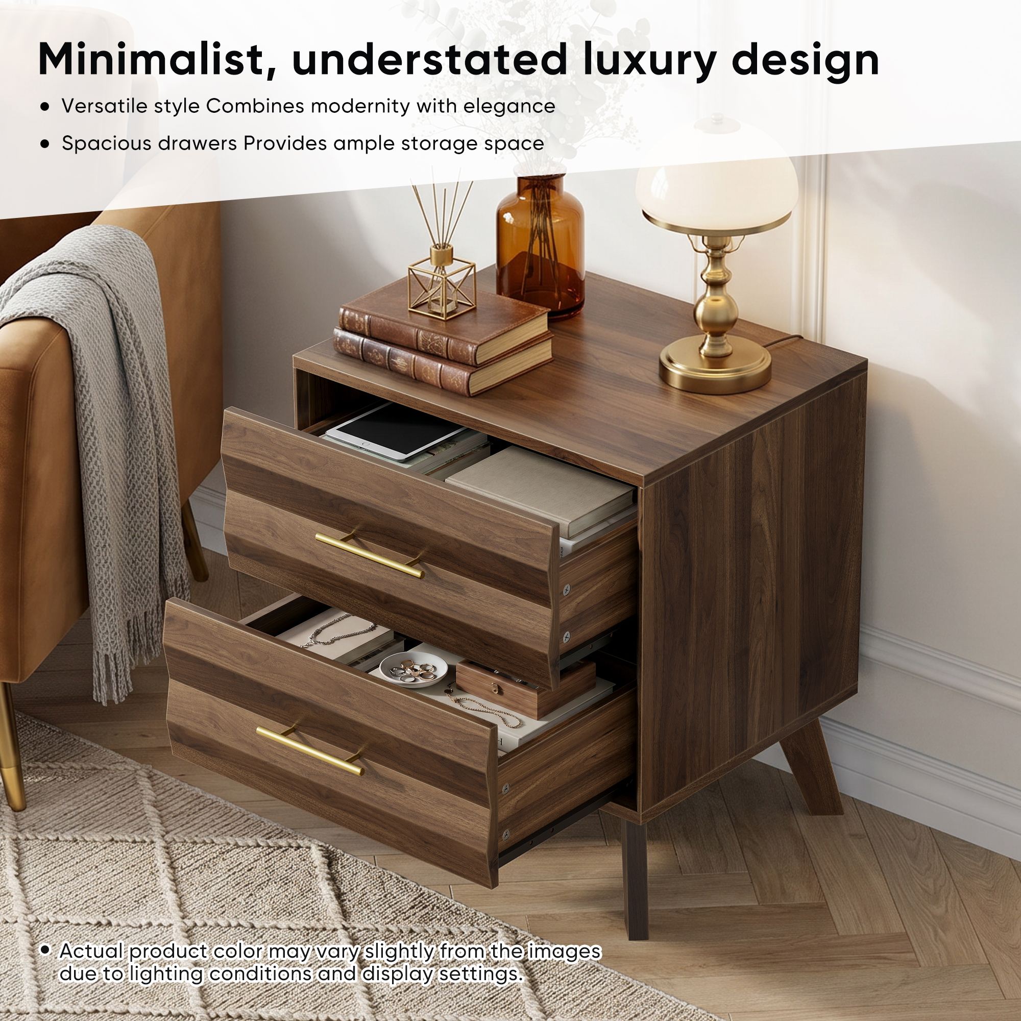 Walnut-colored Double Drawer Bedside Table, Medieval-style Modern Bedroom — image 3