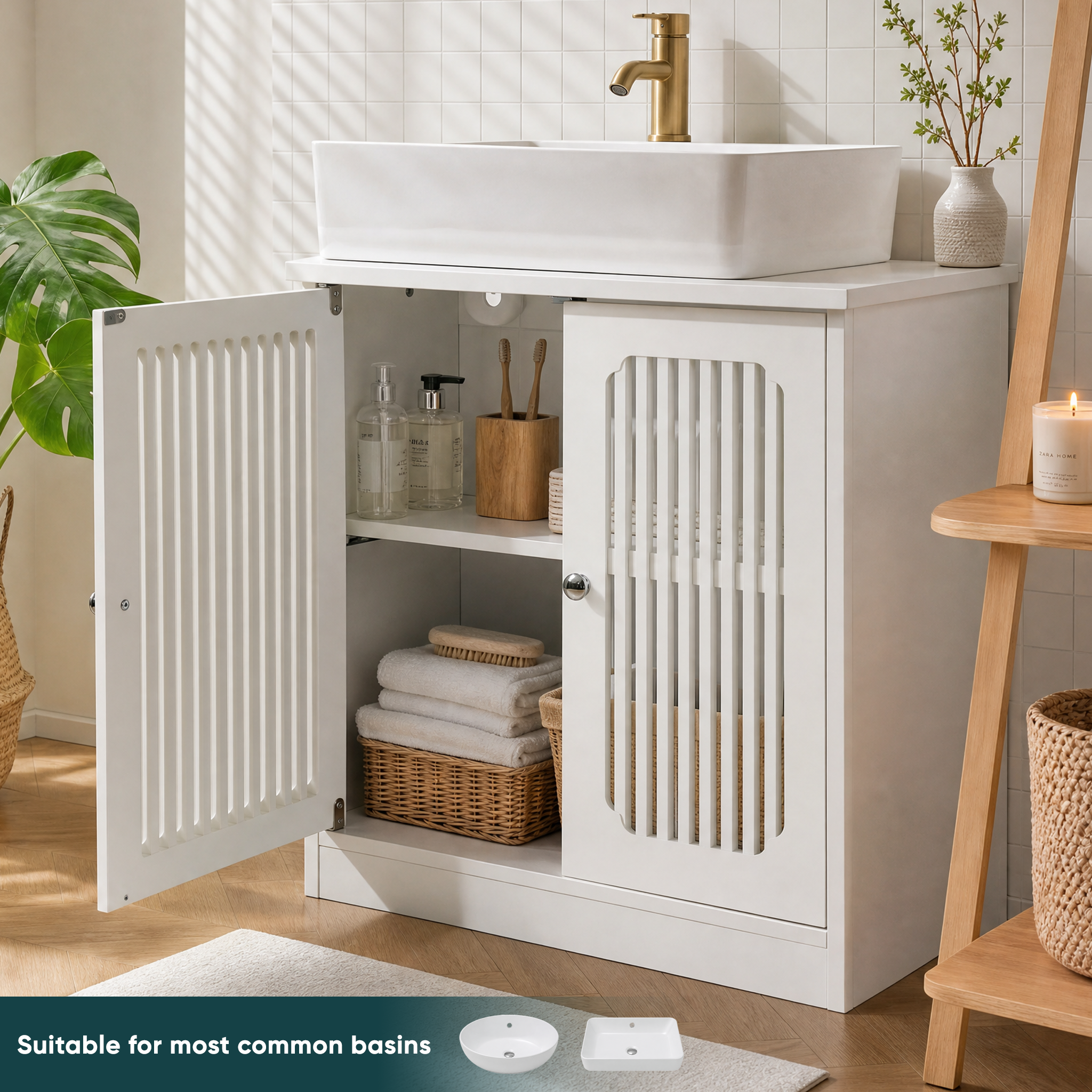 Washbasin Cabinet Without Basin, Louvered Double-door Floor-standing Bathroom — image 4