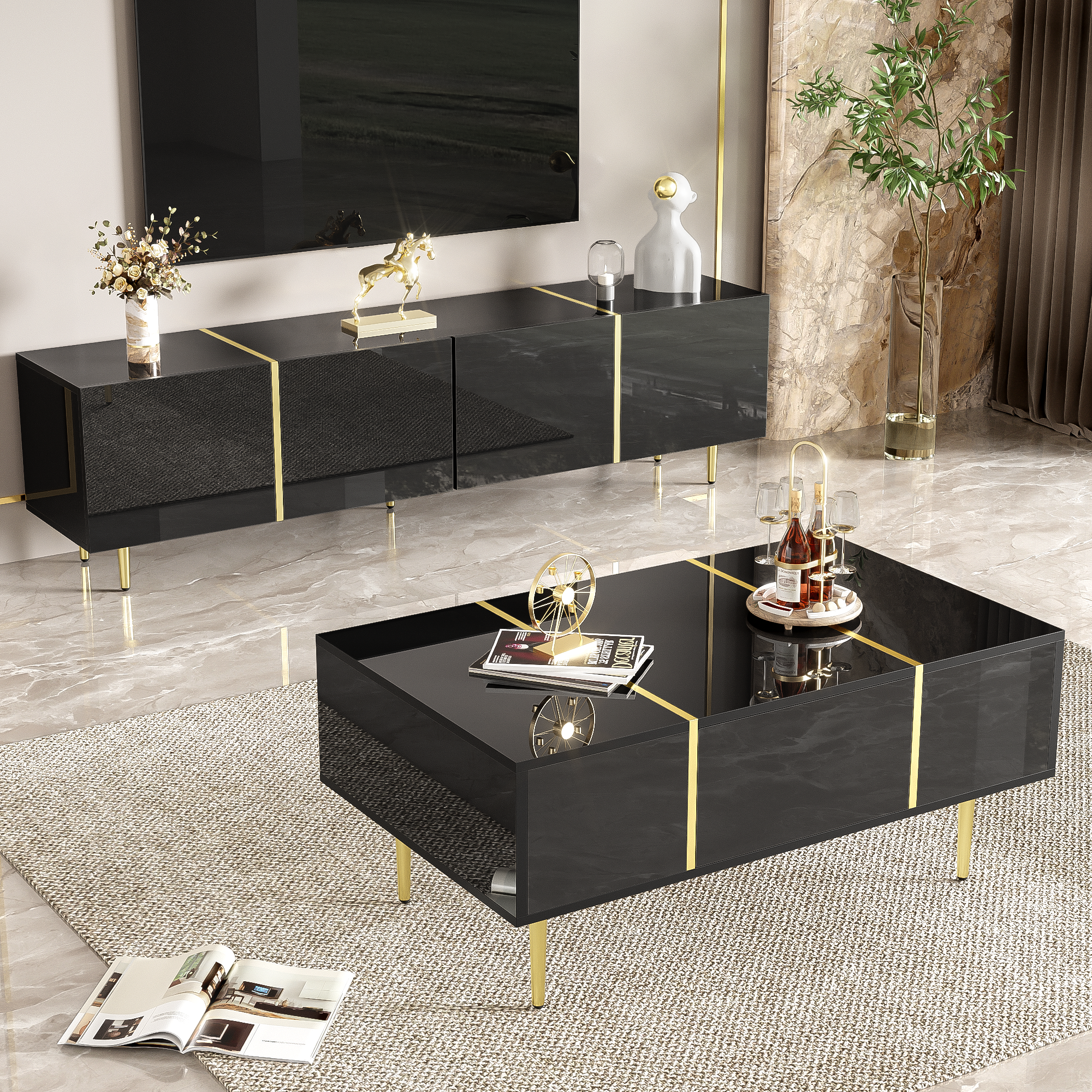 Modern High-gloss Black TV Cabinet And Coffee Table Set