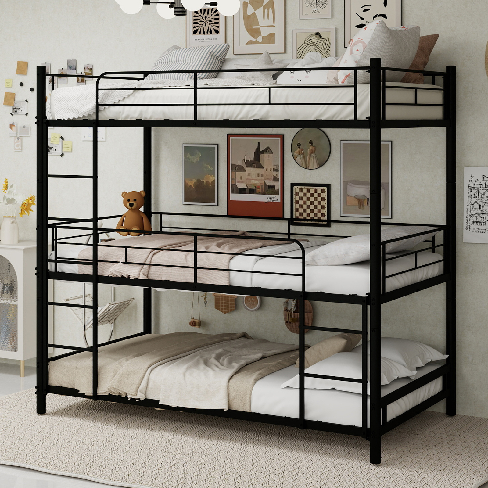 Black Three-layer Reinforced Iron High And Low Beds, Three Person Metal Bed — image 3