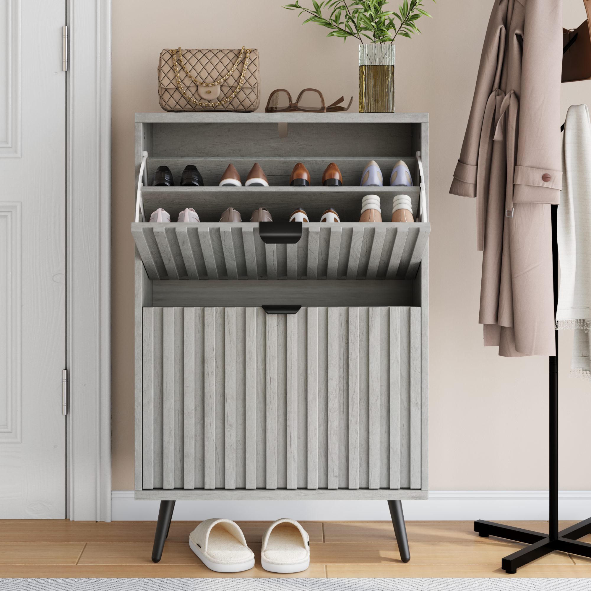 Concealed Shoe Cabinet Featuring A 60 Cm Grey Recessed Handle Design And Two — image 4